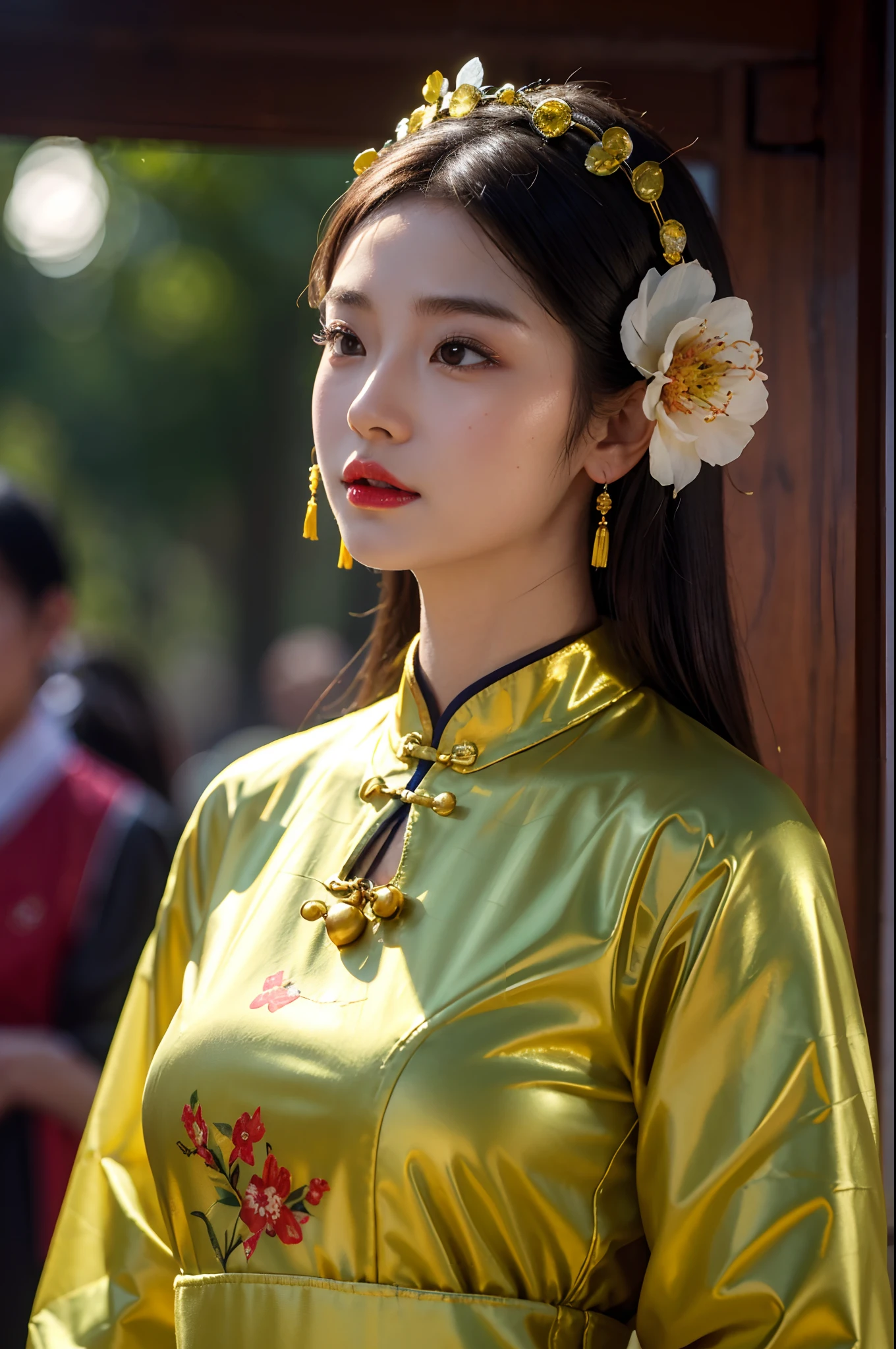 (bestquality, 8k, highres),1girls,shrubs,Girl-Girl,china dress,chinese clothes,hair flower,(masterpiece:1.4),(bestquality:1.4),(oily shiny skin),Red lips,looking at the audience,Big breasts,cleft lip, upper body,