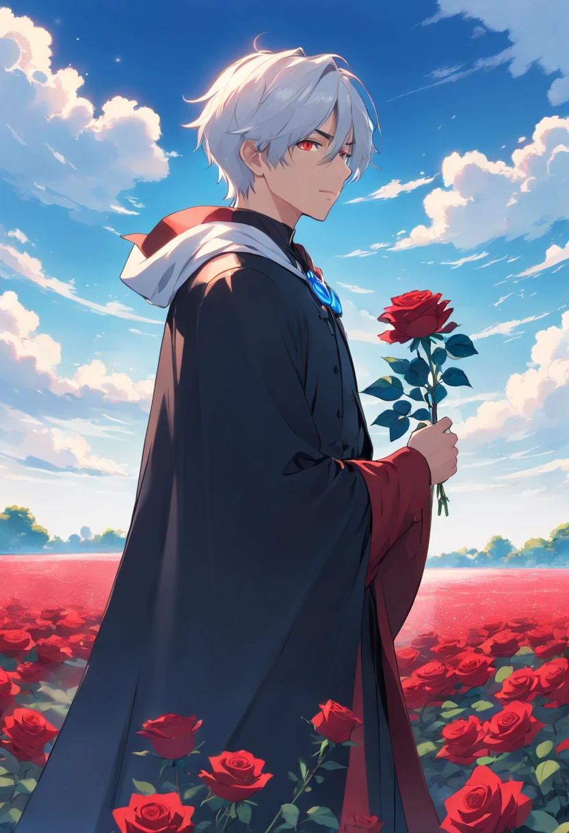 A young man with white hair and red eyes in a black outfit with a white cape with blue details holding a blue rose in his hand in a field of red roses
