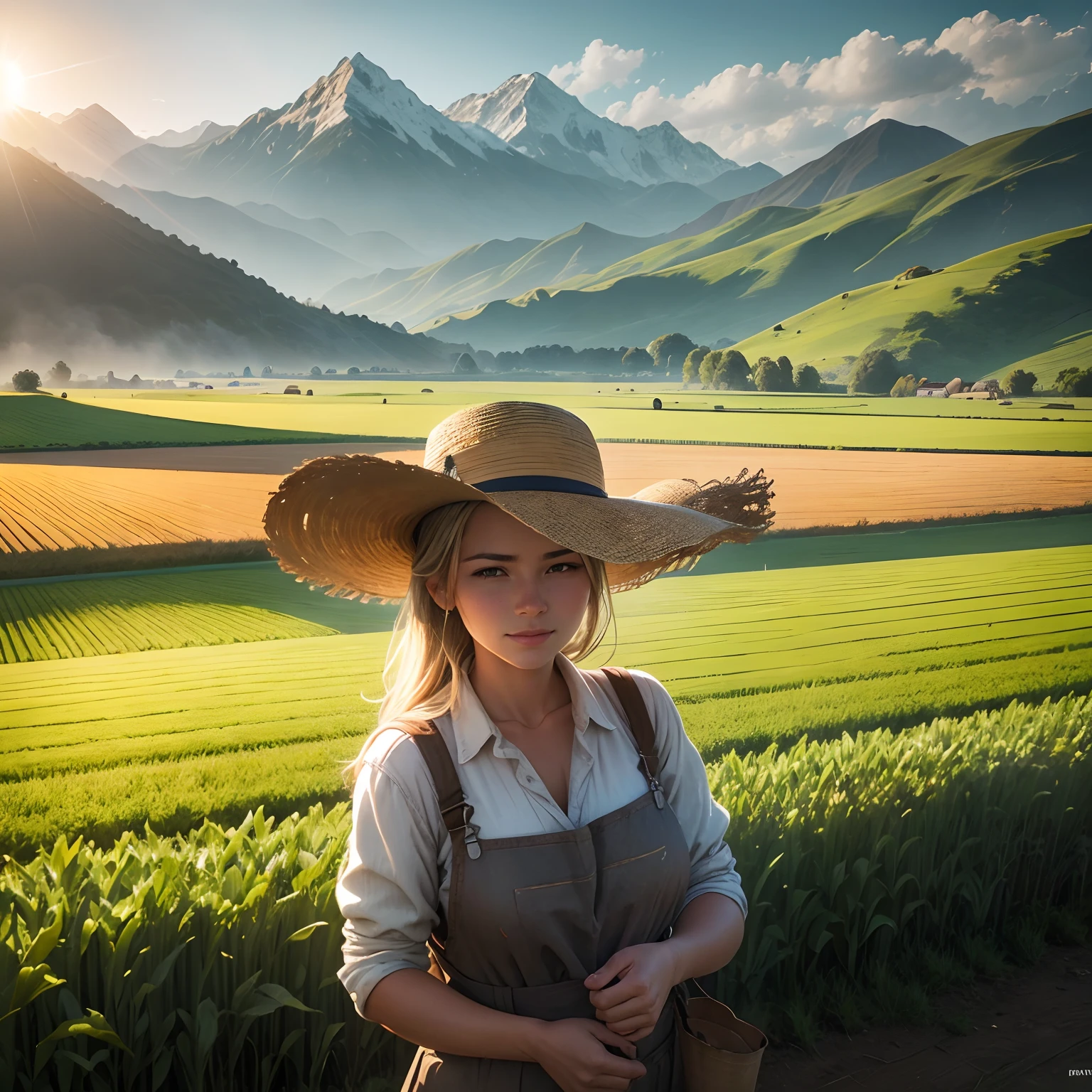 A farmer hoes grass in the field，There are mountains and waters in the surrounding area，There is the sun in the sky，Highlight the sweat on the faces of farmers，The work should be delicate
