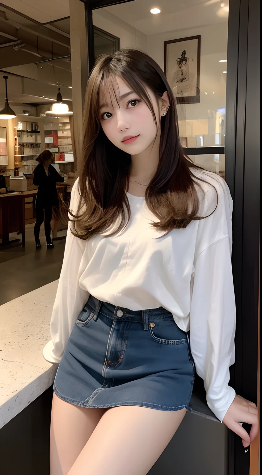 finely detail, hight resolution, hightquality、Perfect dynamic composition, Beautiful detailed eyes, Medium Hair, Natural Color Lip, full bodyesbian、1人の女性、a miniskirt、Shibuya、college aged、cafes