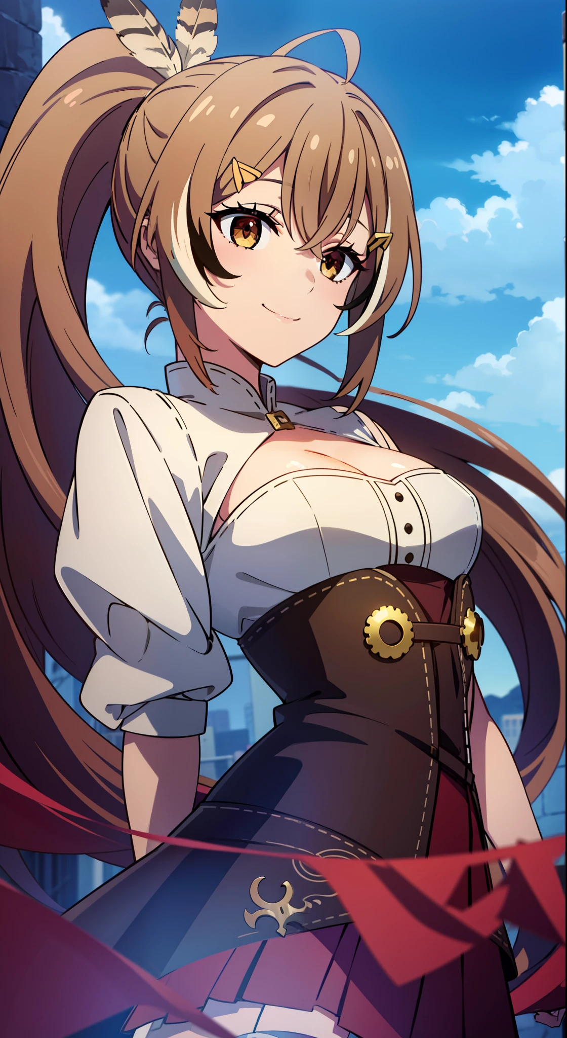 2D, HD, Detailed details, Detailed landscapes, beautiful lights, Beautiful Shadows, top-quality, Highly detailed, masterpiece, best quality, highres, aamumei, long hair, ponytail, ahoge, multicolored hair, feather hair ornament, hairclip, white shirt, brown corset, red skirt, mini breasts, closed mouth, smile, looking at viewer, highly detailed hands, highly detailed eyes, cleavage, Perfect hands, highly detailed face, full body, sky background, backdrop of dawn, horizon, Saturn in the background, anime styled, pernas normais, corpo completo anatomicamente correto, blue sky, simple background, arms behind back, Perfect hair