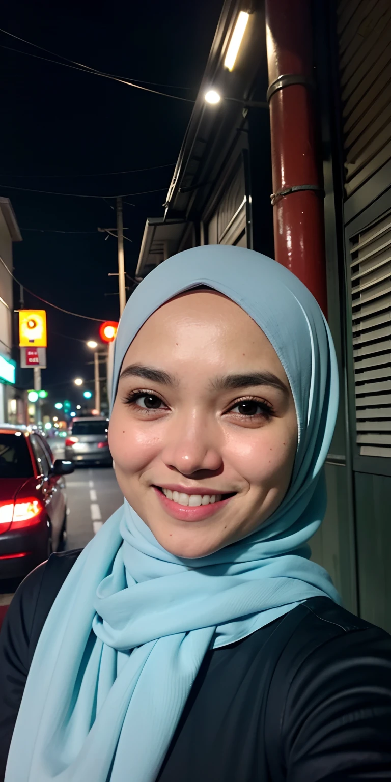 1 matured malay girl in hijab, Tokyo street,night, cityscape,city lights,upper body,close-up,smile,, (8k, RAW photo, best quality, masterpiece:1.2),(realistic, photo-realistic:1.37),