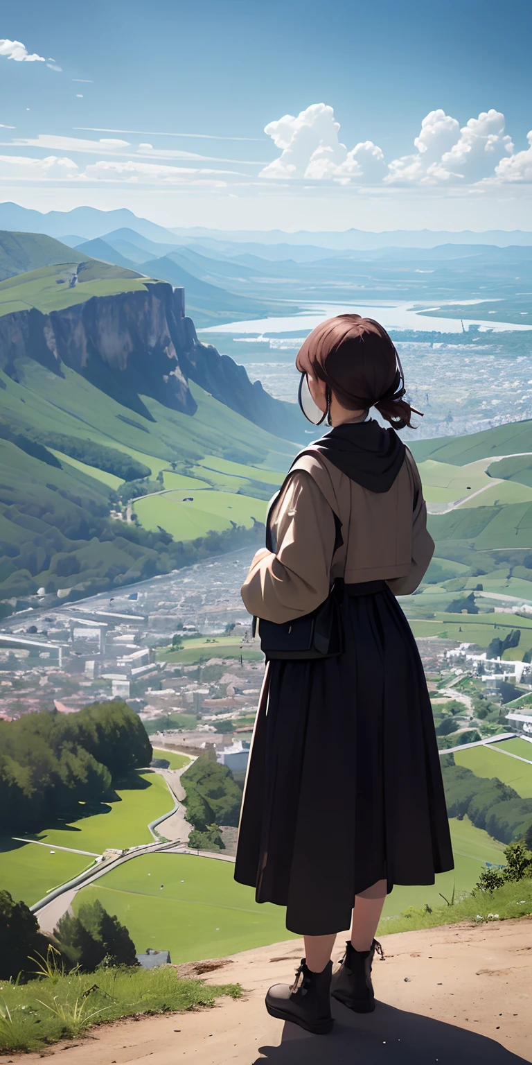 Vast landscape photos、Girl standing on top of a mountain looking at the city of medieval Europe、You can see medieval European castles in the distance