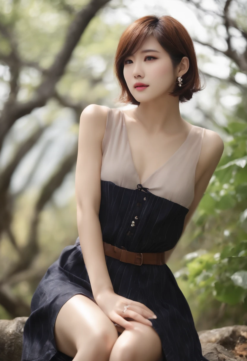 ((top-quality, in 8K,Raw photo)), (Realistic, Photorealsitic: 1.37), (Face Focus: 1.1), cute Japanese girls, short-hair, Hair fluttering in the wind, femele、Japan idol system、(Sleeveless: 1.1)、Skirt, C cup breasts,