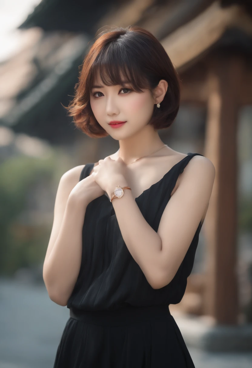 ((top-quality, in 8K,Raw photo)), (Realistic, Photorealsitic: 1.37), (Face Focus: 1.1), cute Japanese girls, short-hair, Hair fluttering in the wind, femele、Japan idol system、(Sleeveless: 1.1)、Skirt, C cup breasts,