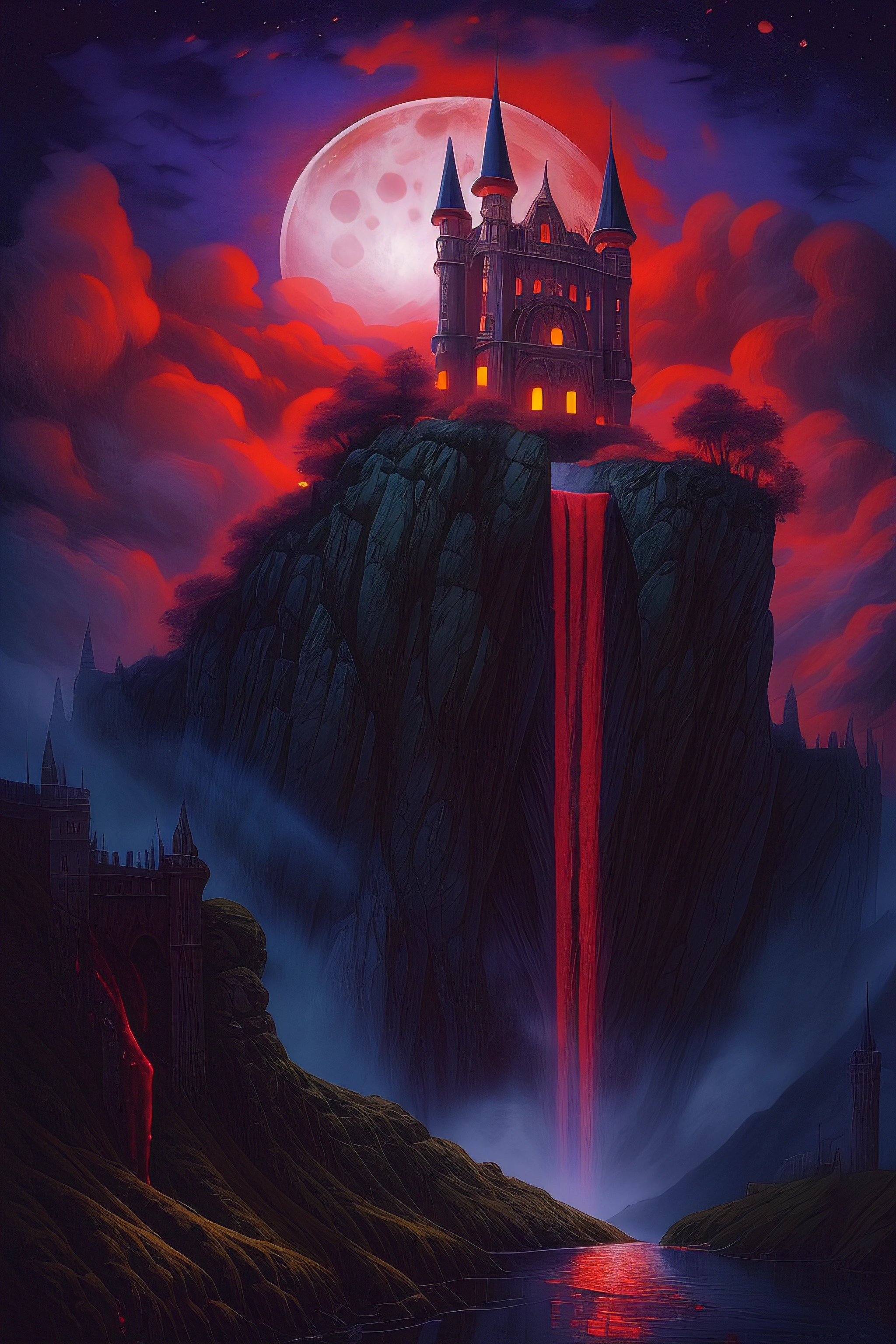 waterfall of (blood) cascading down a gothic castle on a cliff at night, moon, clouds, low angle shot, digital illustration, detailed, high resolution, high quality, 8k, high saturation, (style of Zdzislaw Beksinski)
