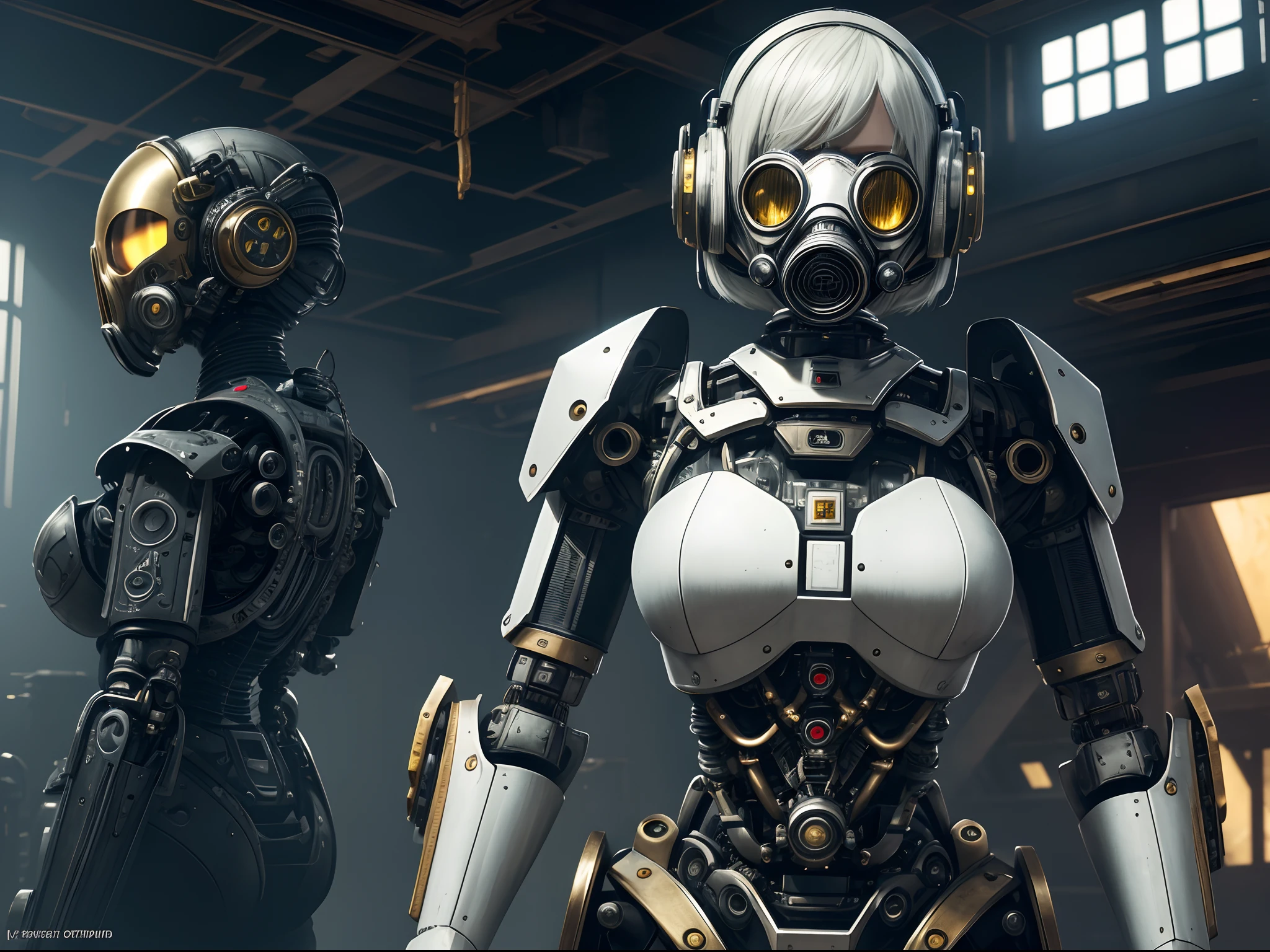 (Masterpiece:1.2,High quality), 1girll, ((hyper realistic detailed)), Global illumination, Shadows, illusory engine, rendering by octane, 8K, ultrasharp, metal, Intricate, ornaments detailed, highly intricate detail, Yellow eyes, (Mechanical body:1.2), White hair, (Black gas mask), Gear, Bob cut, Hundreds of wires, Earthling, (robot, Android:1.15), Apocalypse, Broken buildings