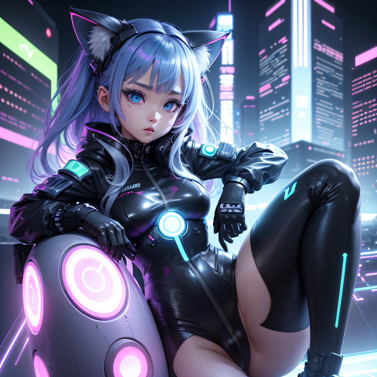 Futuristic cat-eared girl character、Draw Aimira。She has neon blue eyes.、Wearing cyberpunk-inspired accessories。Clothing is made of hologram material、It is designed in the image of IT technology.。The expression is curious、Please express a cheerful and energetic appearance。The backdrop is the futuristic city of neon Tokyo、Keep futuristic buildings and digital elements visible。