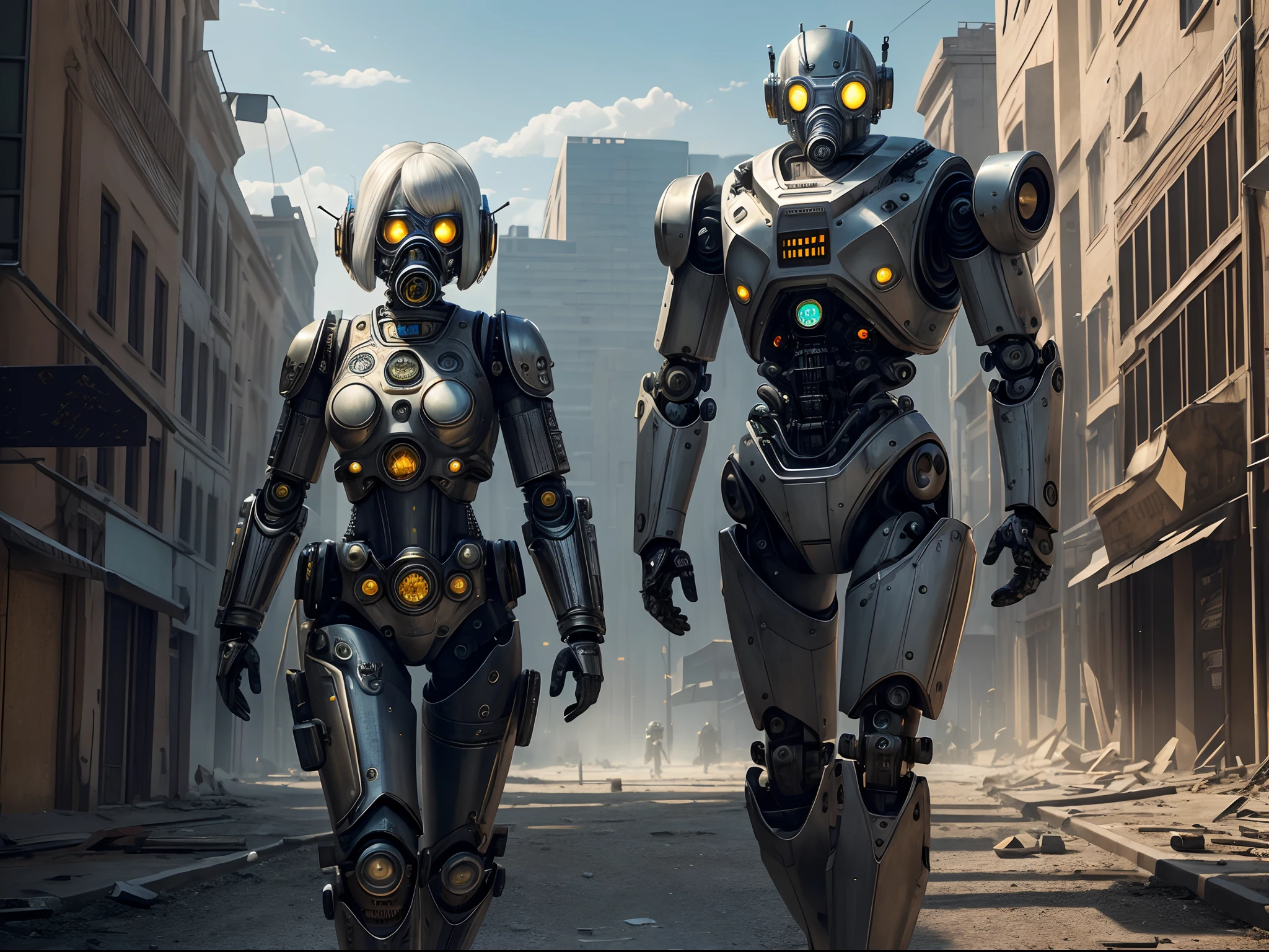 (Masterpiece:1.2,High quality), 1girll, ((hyper realistic detailed)), Global illumination, Shadows, illusory engine, rendering by octane, 8K, ultrasharp, metal, Intricate, ornaments detailed, highly intricate detail, Yellow eyes, (Mechanical body:1.2), White hair, (Black gas mask), Gear, Bob cut, Hundreds of wires, Earthling, (robot, Android:1.15), Apocalypse, Broken buildings