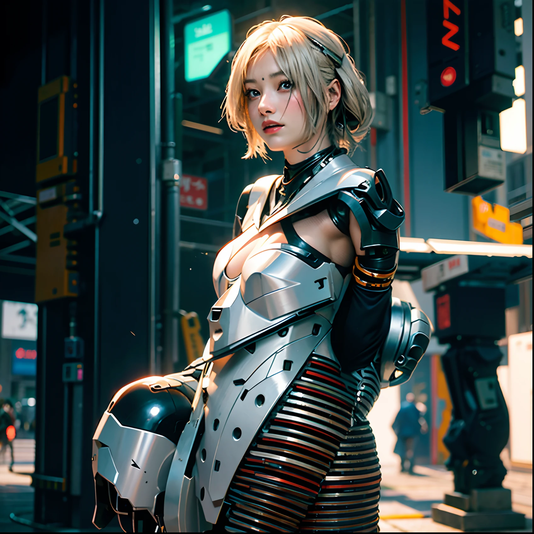 Gundam Girl, girl, big, face and breasts are raw, cleavage is visible. photorealistic, portfolio, gundam-style metal mecha suit, cyberpunk, metallic, detailed mecha parts, bunch of thin tubes, metal cylinder, detailed neon, fine LED,
