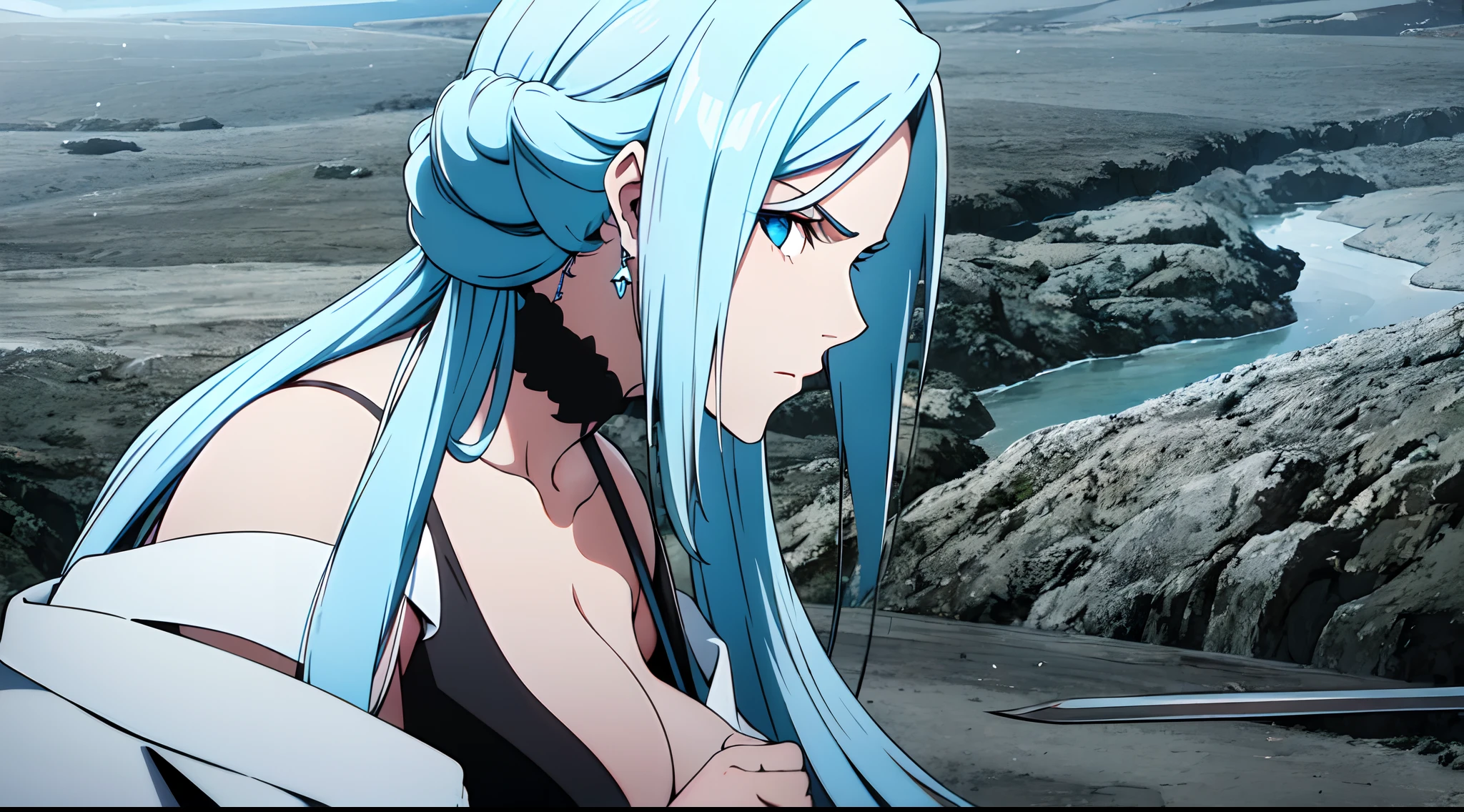 masterpiece, best quality, 1girl, solo, very long hair, white hair braiding, light blue eyes, calm, earrings, close up, off shoulder black dress shinigami, battlefield, katana, bankai