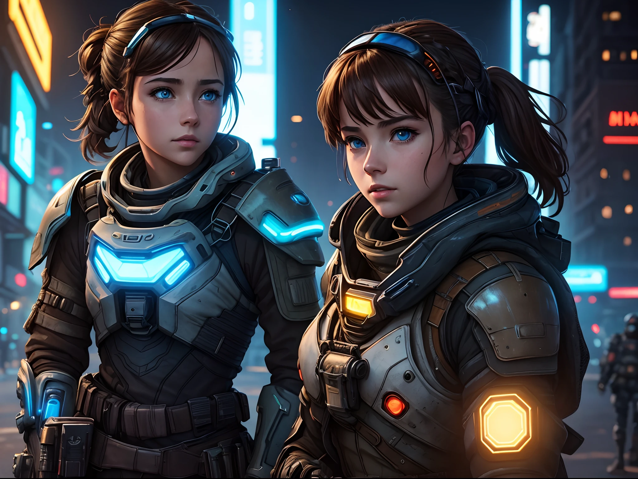 Masterpiece,  Best quality, , (Solo), 1girll, Look up, Dim light, , horizon_(apex legends), goggles, Blue eyes, Brown hair, mitts, Shoulder armor,  Headwear, (freckle:0.5), , (Science_fiction), Outdoors, street, Neon lights, Cyberpunk,