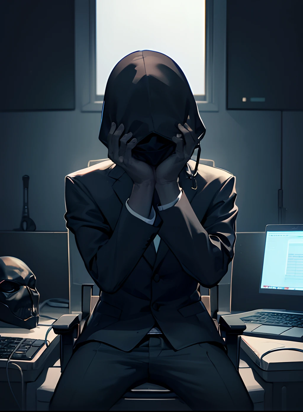 1male, male focus, sitting in a foldable lawn chair, ((inside a very dark room), hands hidden, infront computer, black mask, mysterious