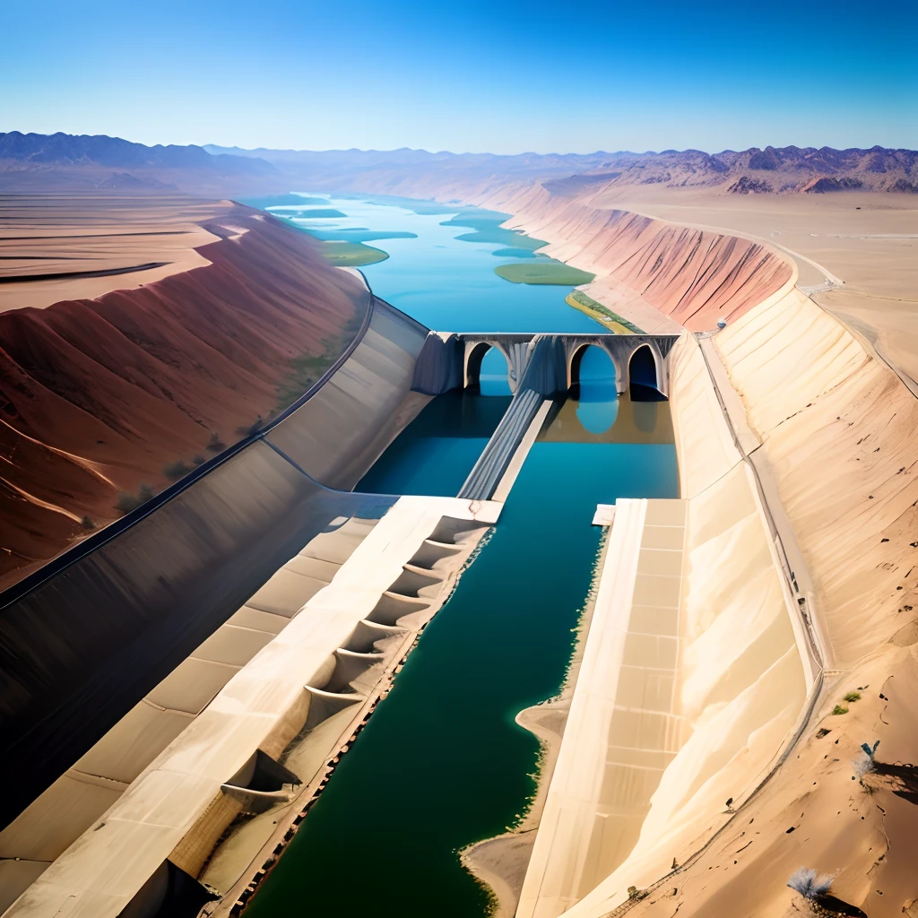 Landscape, Aerial view, Big dam on the river in the desert, photography