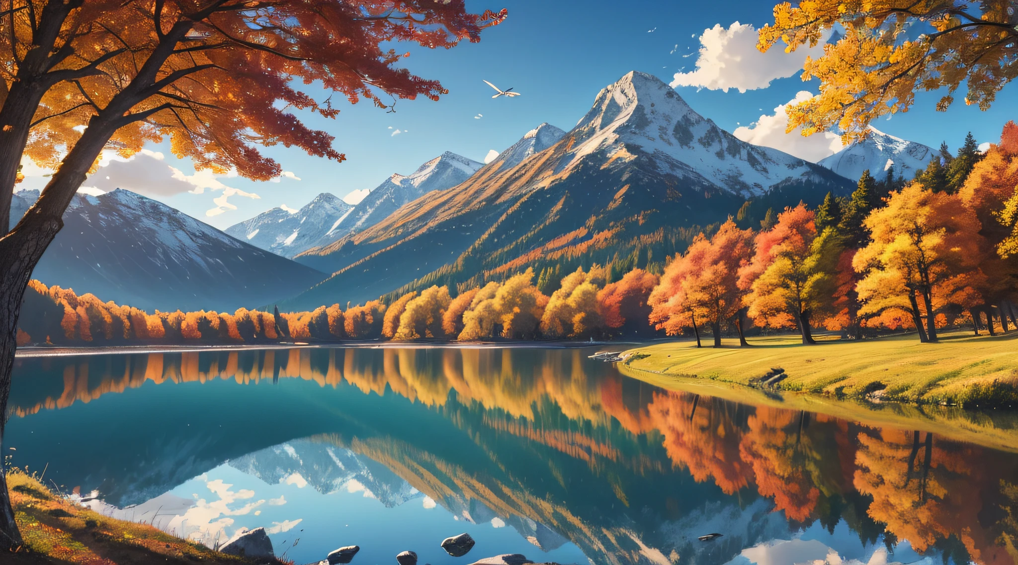 A detailed 2D, realistic anime, art illustration, ultra sharp details, vibrant autumn colors, an open meadow with a small lake with white swans swimming surrounded by snowy mountains, water reflections, a smoking wood cabin, clear bright sunny day, windy, tree leaves on the water, tree leaves flying
