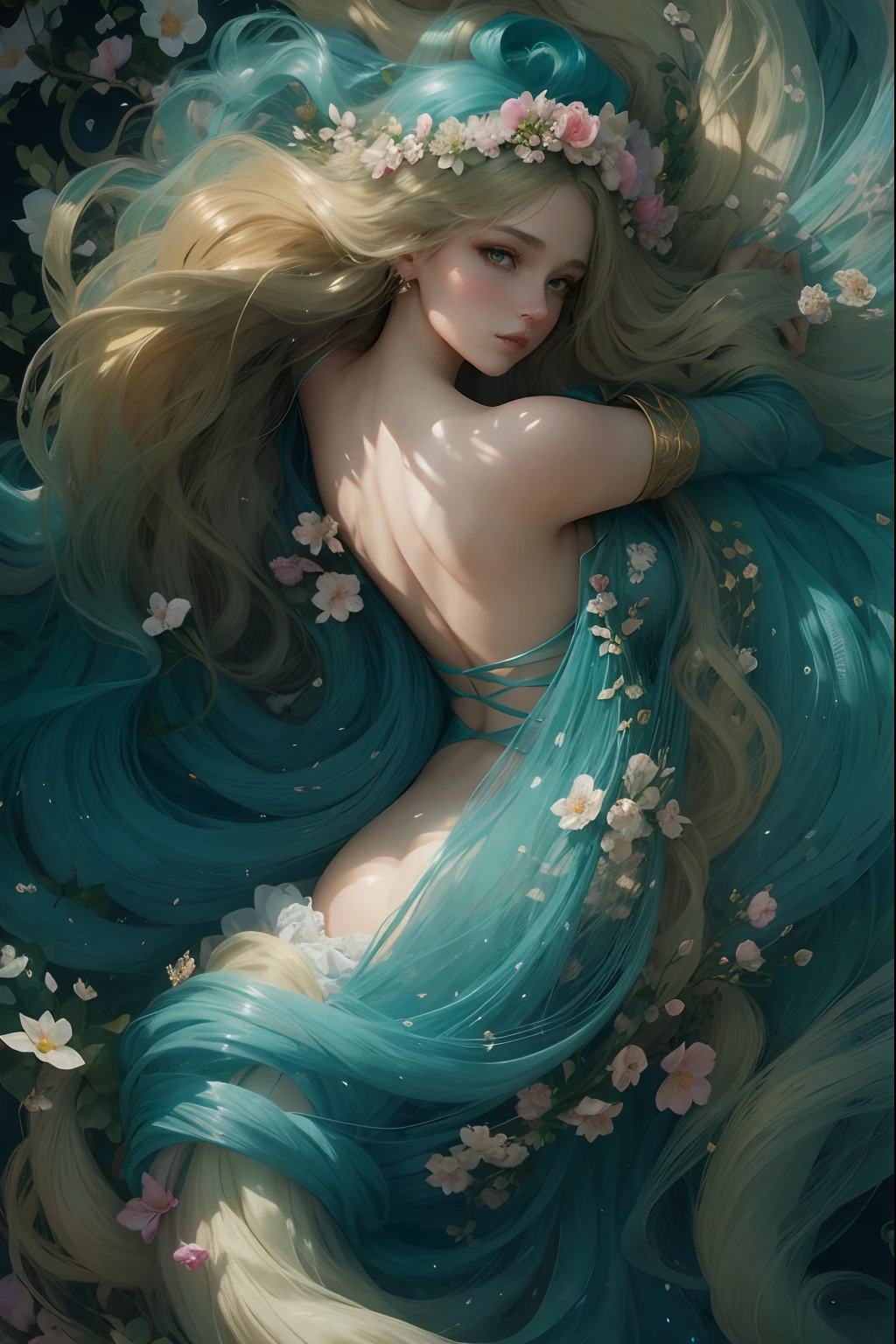high quality, 8K Ultra HD, full color, etching aquatint, fine lines and shadows, In the heart of Floral Fantasy Wonderland, behold a captivating and ethereal spirit of a beautiful maiden, gracefully adorned with the essence of blooming flowers. Her golden long flowing hair, like silken threads of golden, cascades gracefully down her back, interwoven with delicate floral accents that mirror the surrounding blooms. Her eyes, the color of the deepest forest emeralds, sparkle with a hint of magic and mystery, reflecting the beauty of the floral symphony that surrounds her. In her hand, she holds a delicate bouquet of the most exquisite flowers, their vibrant colors mirroring her own radiant aura. With the clarity and detail of 8K Ultra HD images, every petal, every hue, and every expression of her otherworldly charm come to life in vivid splendor,