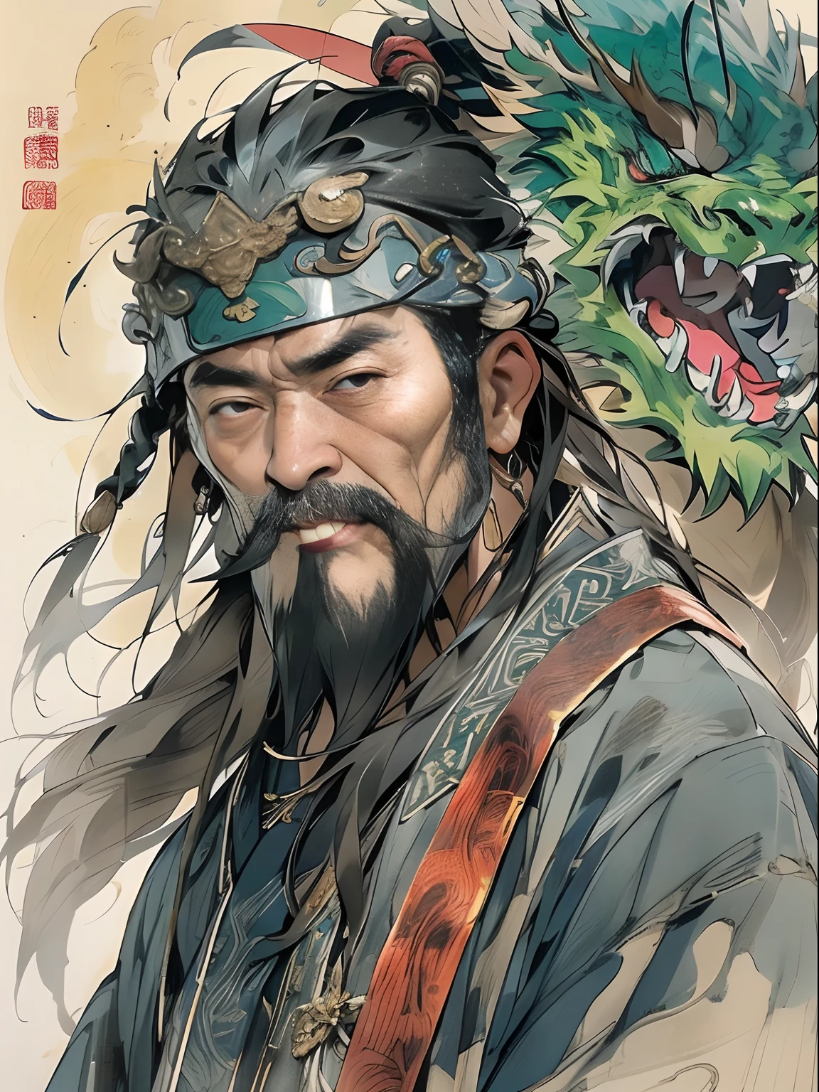 (((China-style，Ink painting method，Half-length portrait，Intense color，Han dynasty, China，Hanfu，Armor，Guan yu，Guan Yunchang，of a guy，Ruddy killing square face，Hold the Blue Dragon Moon Knife in his right hand，Stroke your beard with your left hand，Long hair，petty eyes，Green robe))), (((best qualityer))), (((tmasterpiece))), (((AS-Adult))), ((( Japanese ))), Look up from your knees, Handsome Asian samurai，perfect body figure, Modern samurai, ((( Asian))), Wear gloves on your hands，The left arm is made of steel and metal tips，Made of protective devices, The eyes are pulled, (( Appears below the chest )), (( Small dental floss )), Simon Bisley, Almost naked（Simon Bisley）Castle City Wilderness，For high-resolution posters, hair straight, Minimum clothing, armure (Crazy clothes ), Full of tips and rivets, tribal tattoos, (((full bodyesbian))), Straight brunette hair，Colored hair ends
