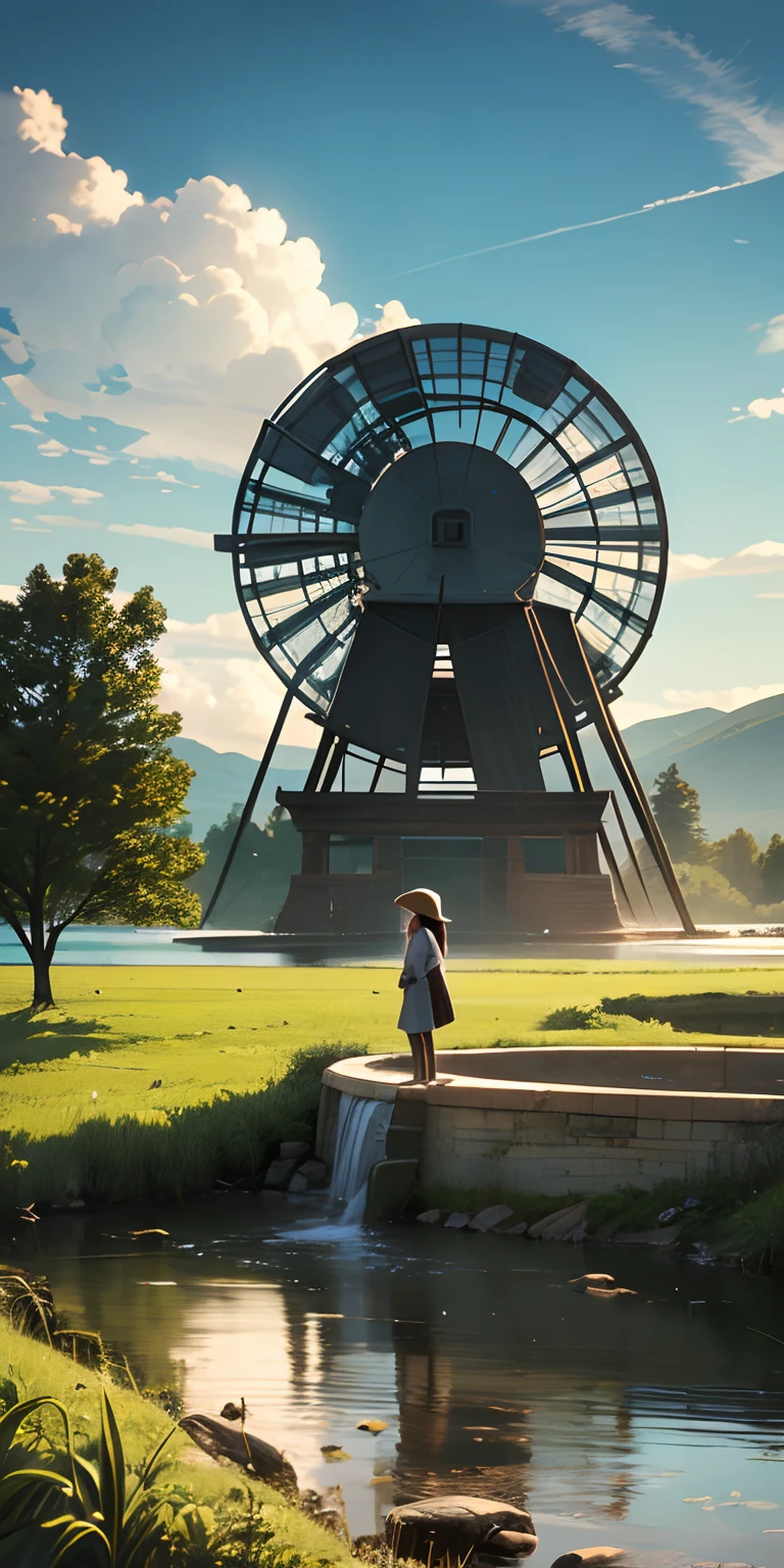 Vast landscape photos、Girl standing on prairie looking up at big water wheel、early evening