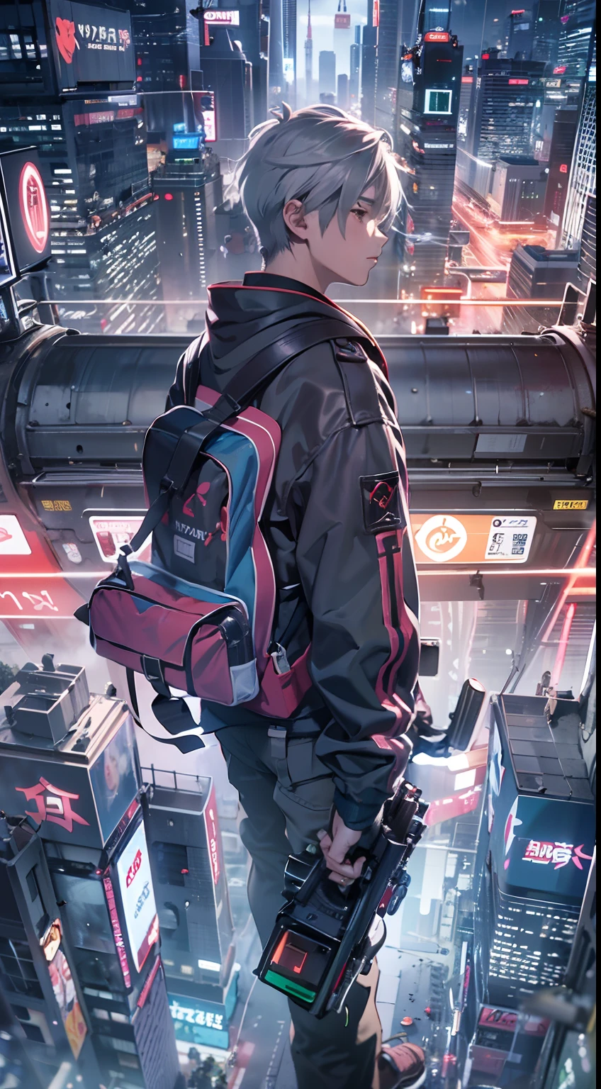 1boy,( boy:1.5)、Anime-style protagonist、Cyberpunk Boy、silber hair、Spiky hairstyle、machine gun、Japan sword on the back、Whole body bloody、Looking at the camera、Upper body only shots、Overhead view of the composition、The beginning of the adventure、Lots of clouds,heavy fog、Moon,Lightning、Chaotic city of the future、Movie dystopia、A group of very tall skyscrapers stands in the center、Very complex cityscape,Crowded Chinese skyscrapers、trees、street signs、streetlights、taxis、buses、Train、Warm lighting,Dark road、puddles、Chaotic、Beautiful and fantastic scenery、Cinematic scenery、hightquality、masutepiece,in 8K、hight resolution、