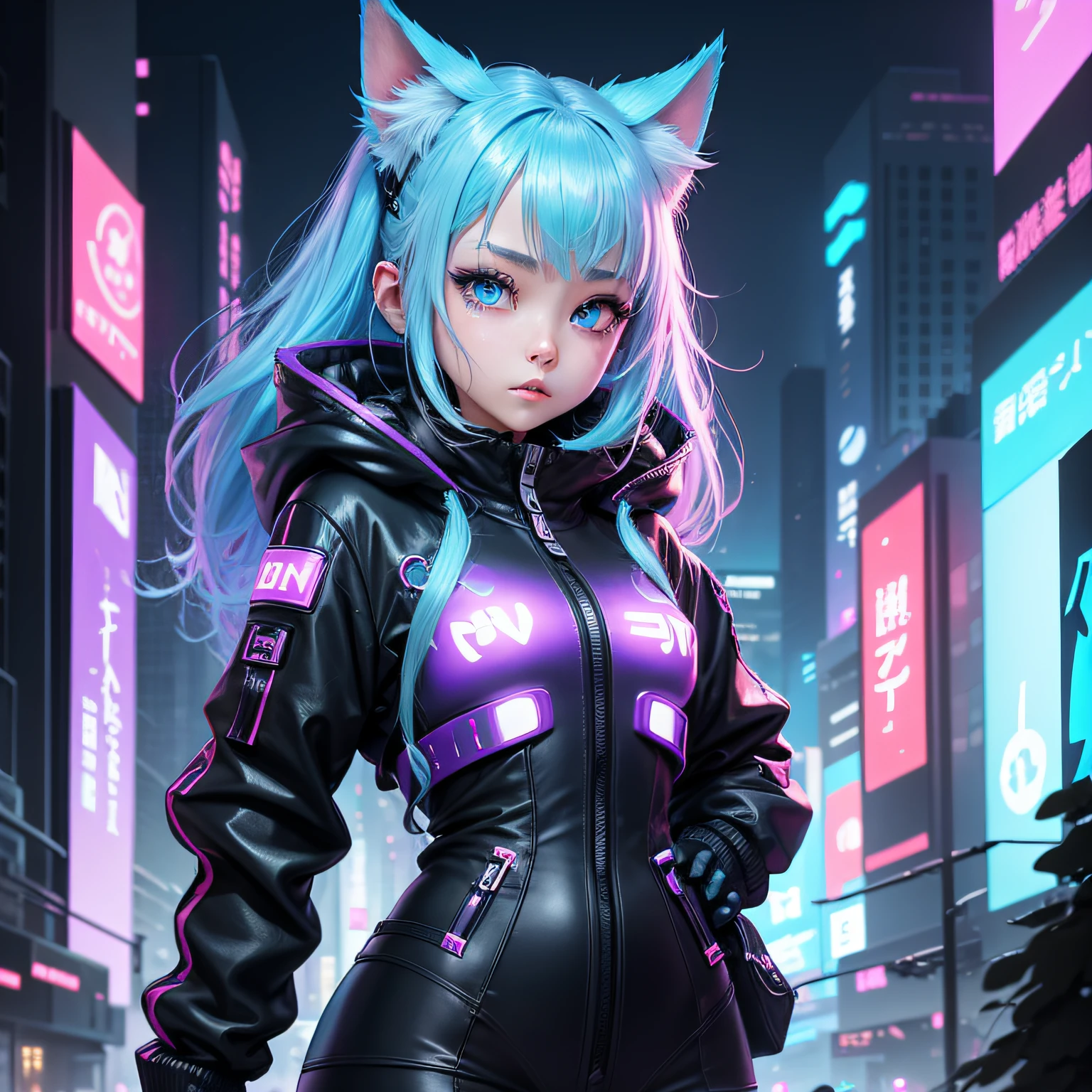 Futuristic cat-eared girl character、Draw Aimira。She has neon blue eyes.、Wearing cyberpunk-inspired accessories。Clothing is made of hologram material、It is designed in the image of IT technology.。The expression is curious、Please express a cheerful and energetic appearance。The backdrop is the futuristic city of neon Tokyo、Keep futuristic buildings and digital elements visible。
