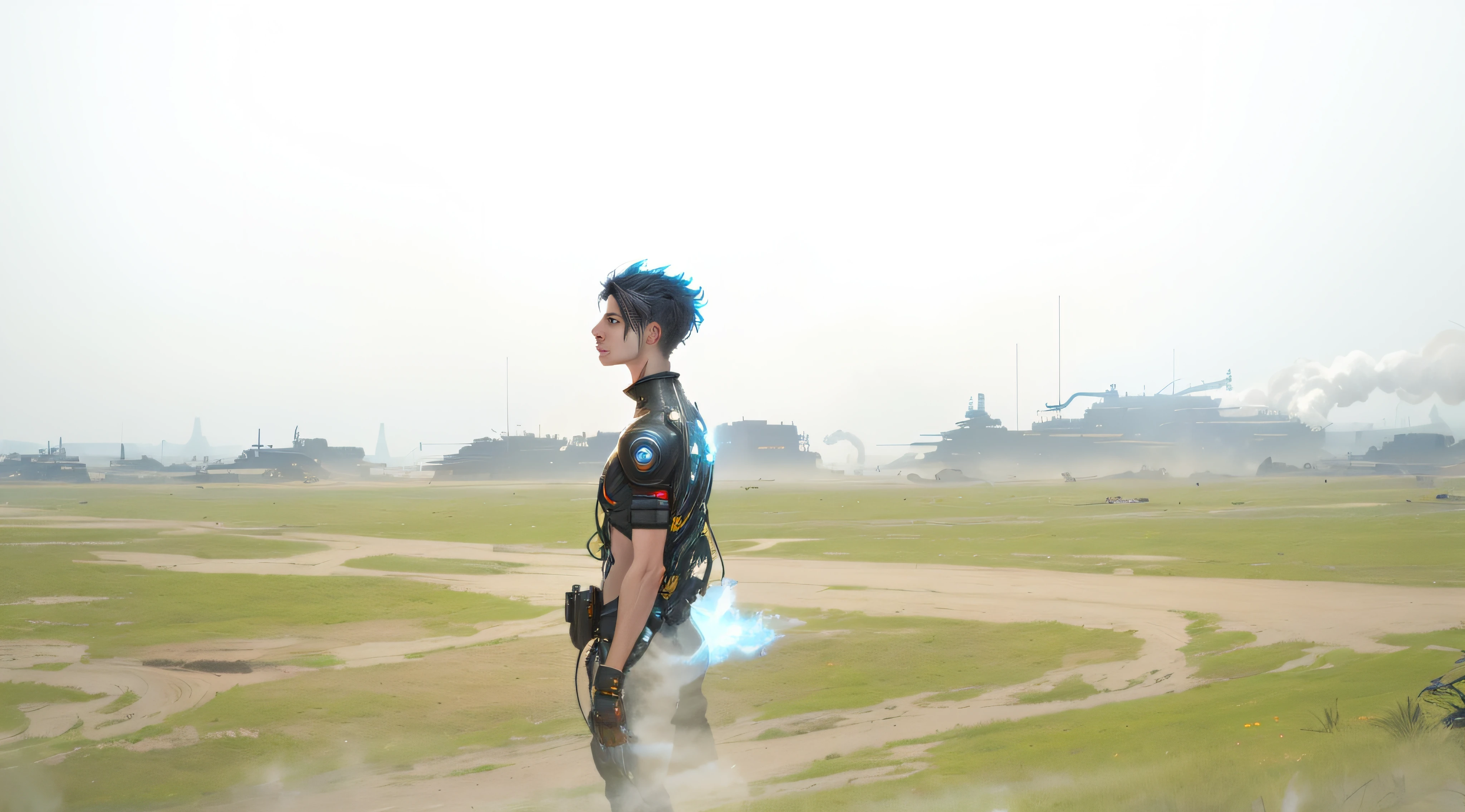 cypunk, futuristic, mechanic, dystopia, trending on artstaion, by greg rutkowski, 8k, boy, glowing eyes, smoke and fire, glowing power aura, dynamic view