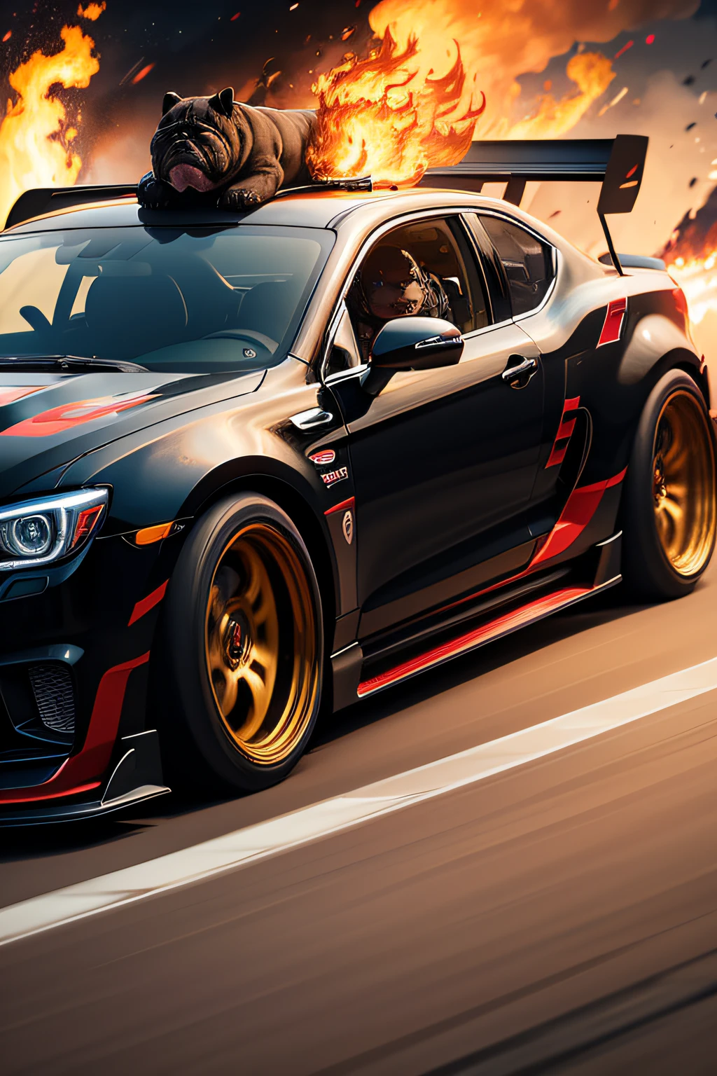 black anime mech car driven by a bulldog with fire in the background on a racetrack
