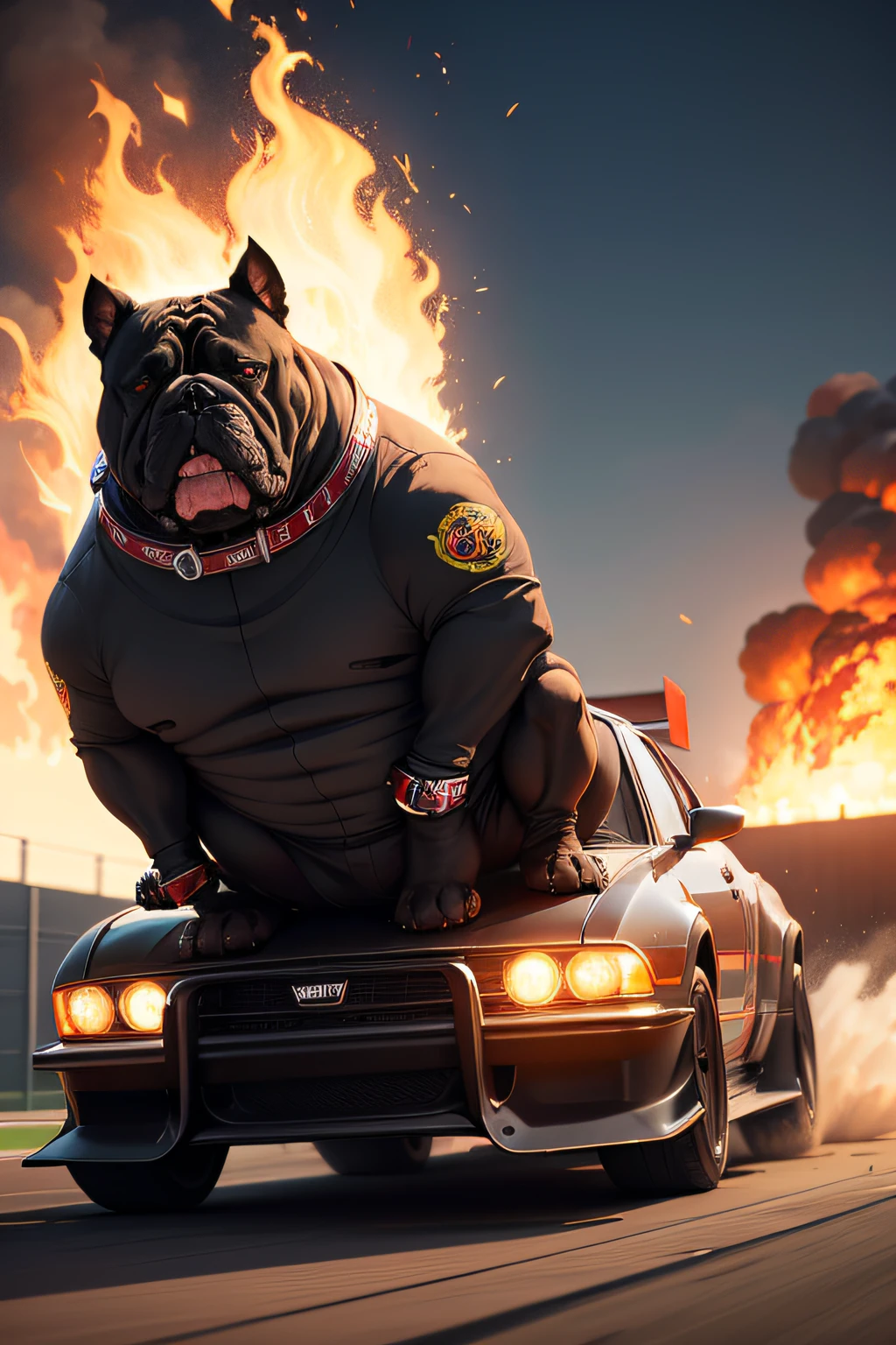 black anime mech car driven by a bulldog with fire in the background on a racetrack
