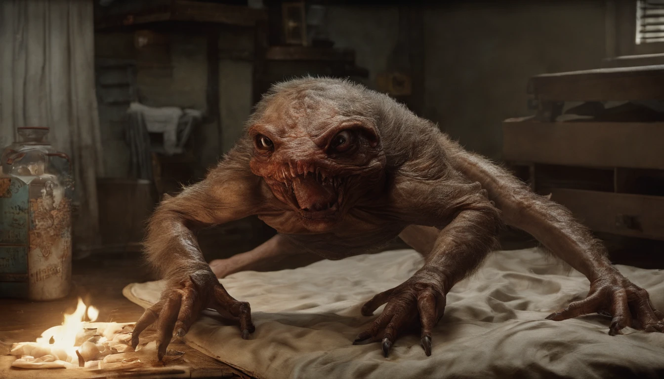 photographed, unknown creature, under the bed, horror vibe, detailed, best composition, dramatic lighting, horror, scary