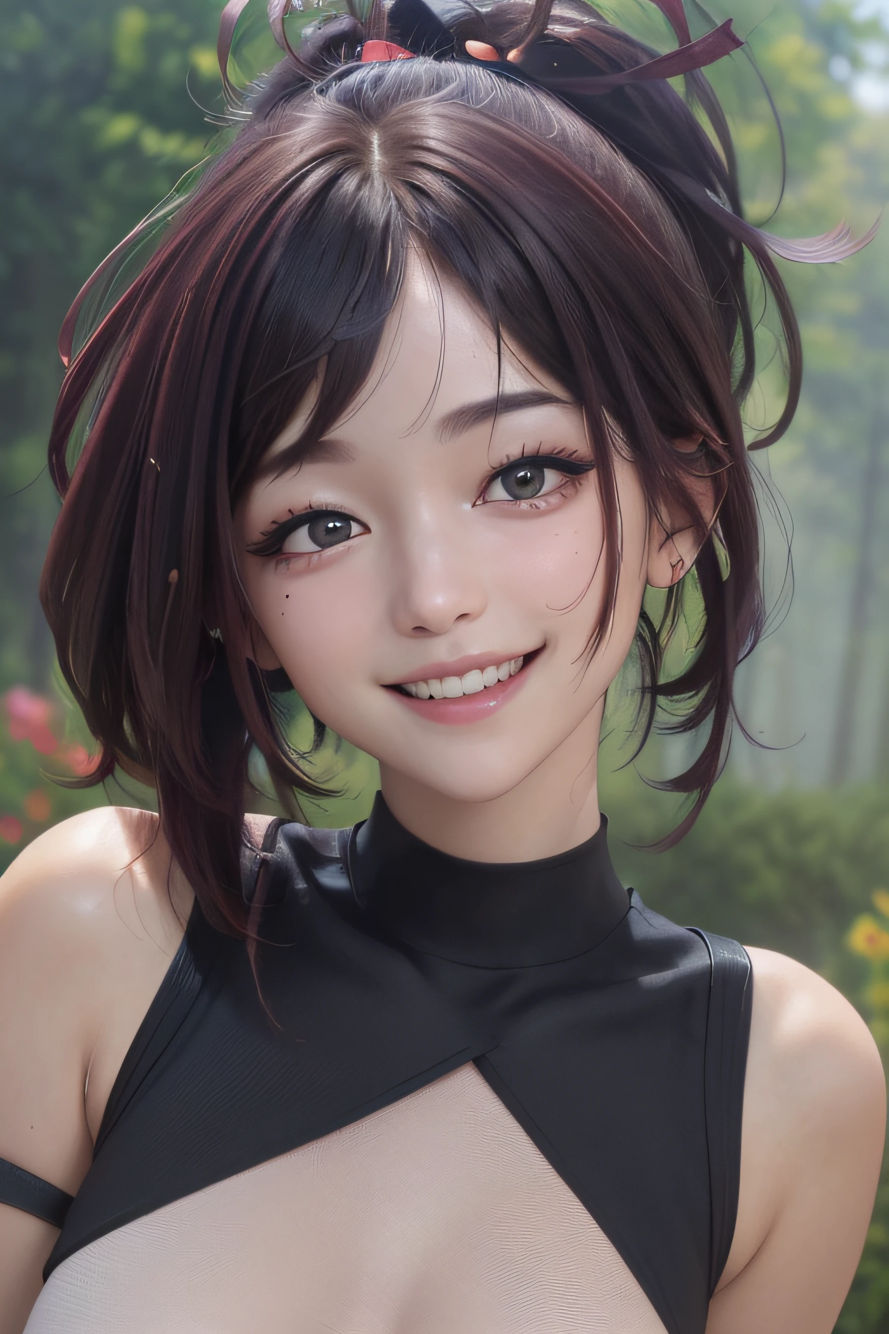 ((top-quality、in 8K、masterpiece:1.3))、The upper part of the body、 1girl in, yuzuriha_, Purple hair, brown-eyed, closed clothes、Border T-shirt、top knot, middle hair, Grinning, plein air, (red blush:1.1), florals, Pure_Innocent_girl、pureerosface_v1、(close up of face)、pov、((depth of fields)))、Highly detailed facial and skin texture, A detailed eye、(((A smile:1.0、laughingly:1.0)))、Highly detailed white tooth texture