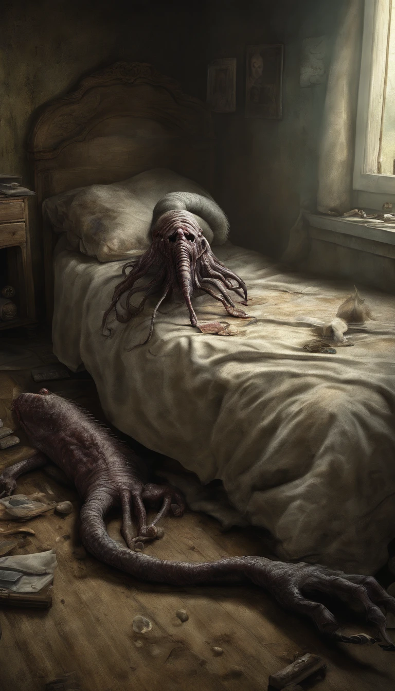 there is a creepy creature that is laying on the floor, the monster under the bed, sleep paralysis monster,dark red moon dark drawing 1945 child extermination blood eyes
