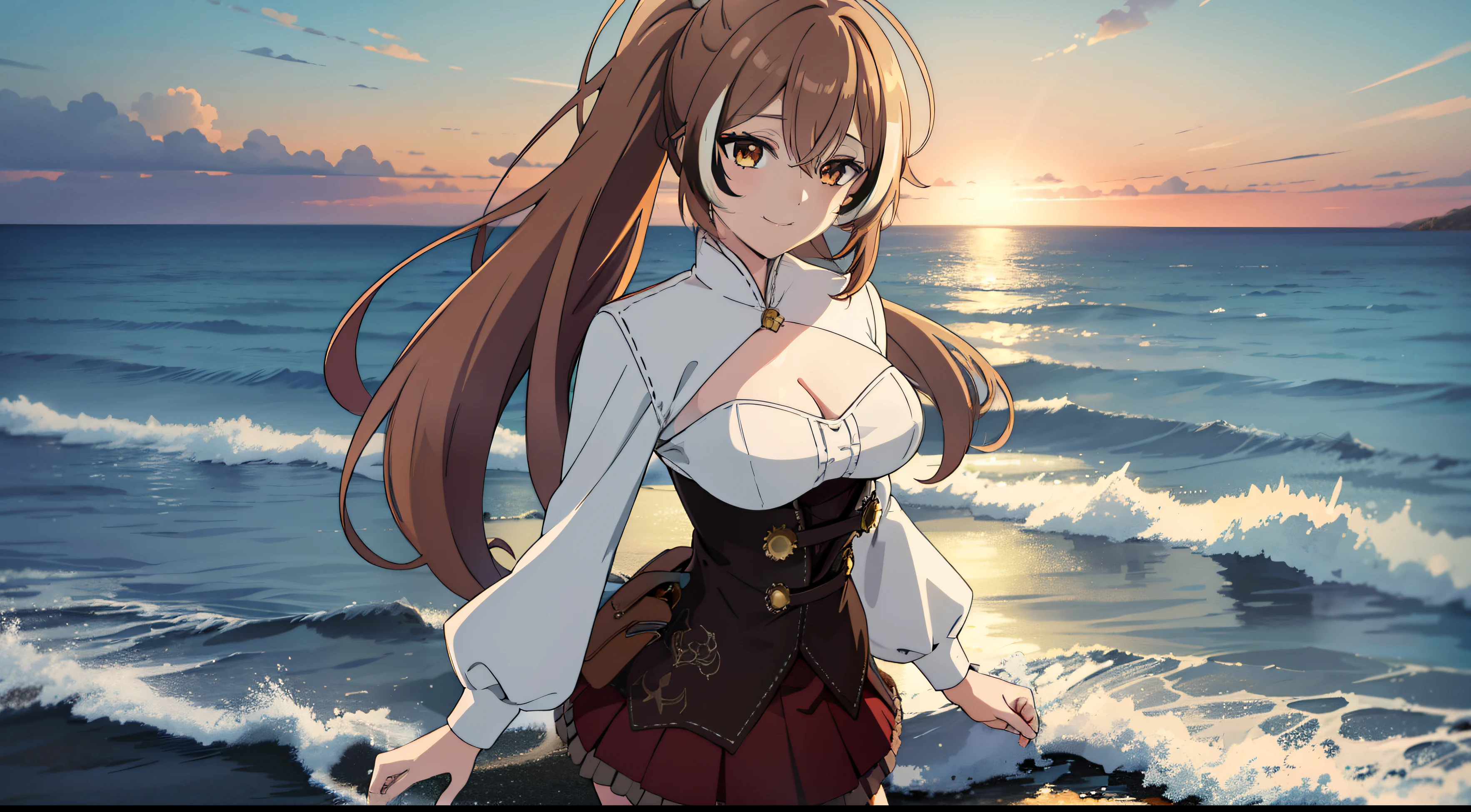 2D, HD, Detailed details, Detailed landscapes, beautiful lights, Beautiful Shadows, top-quality, Highly detailed, masterpiece, best quality, highres, aamumei, long hair, ponytail, ahoge, multicolored hair, feather hair ornament, hairclip, white shirt, brown corset, red skirt, mini breasts, closed mouth, smile, looking at viewer, highly detailed hands, highly detailed eyes, cleavage, Perfect hands, highly detailed face, full body, anime styled, blue sky, sky background, arms behind back, walk on water, sea, backdrop of dawn, horizon, Saturn in the background, wet clothes