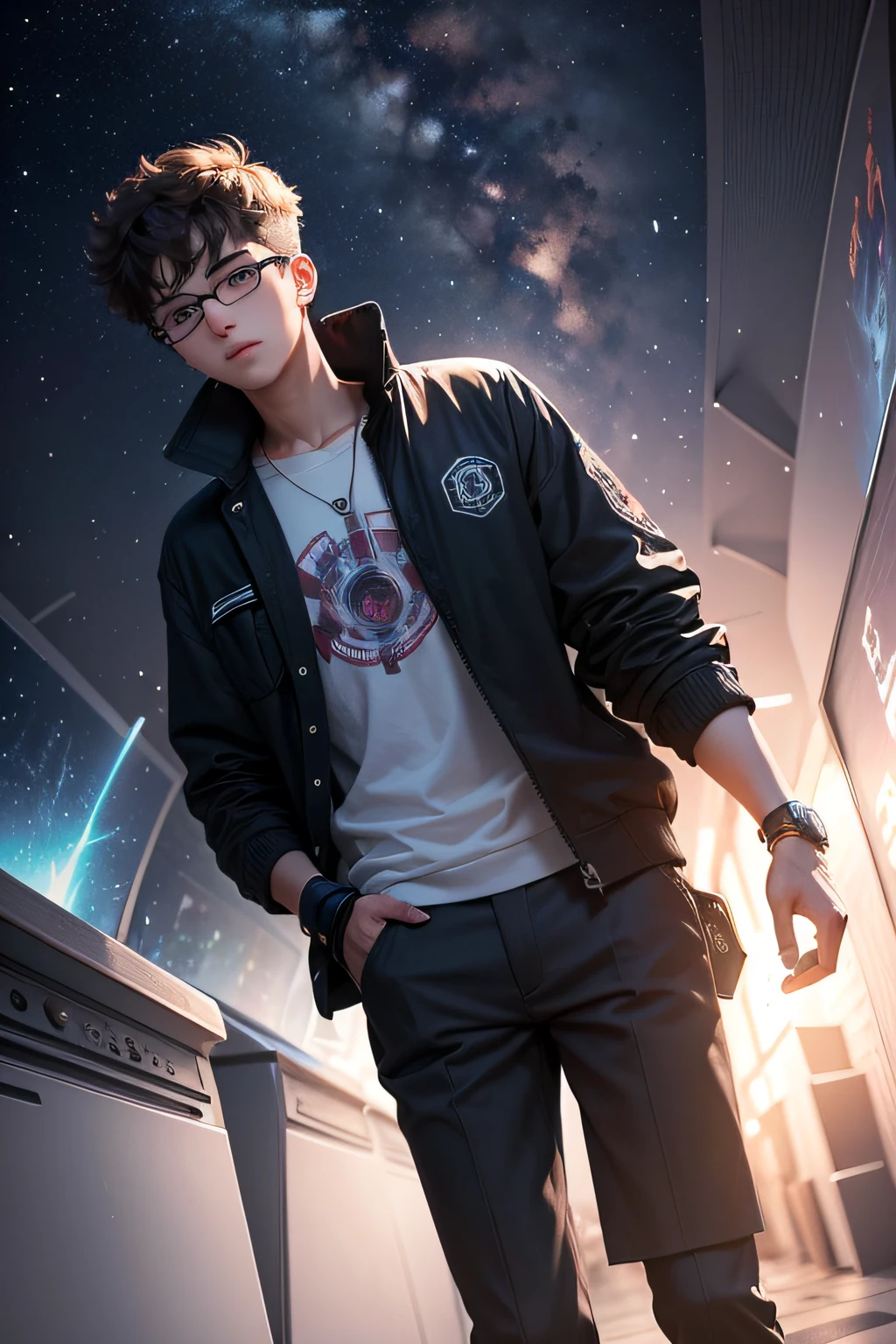an 18-year-old who wears glasses who travels through dimensions through a watch on his wrist