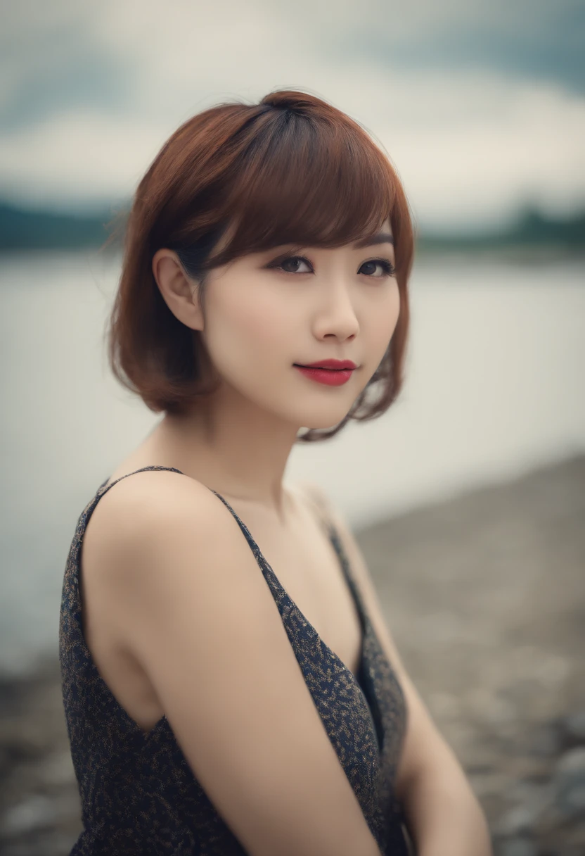 ((top-quality, in 8K,Raw photo)), (Realistic, Photorealsitic: 1.37), (Face Focus: 1.1), cute Japanese girls, short-hair, Hair fluttering in the wind, femele、Japan idol system、(Sleeveless: 1.1)、Skirt, C cup breasts,