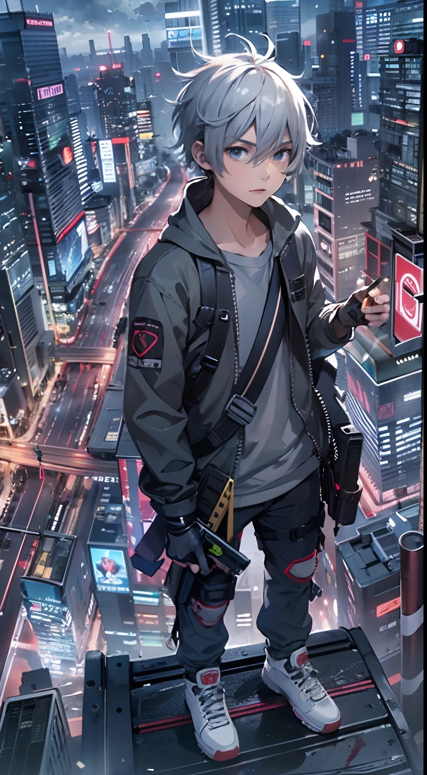 1boy,( boy:1.5)、Anime-style protagonist、Cyberpunk Boy、silber hair、Spiky hairstyle、machine gun、Japan sword on the back、Whole body bloody、Looking at the camera、Upper body only shots、Overhead view of the composition、The beginning of the adventure、Lots of clouds,heavy fog、Moon,Lightning、Chaotic city of the future、Movie dystopia、A group of very tall skyscrapers stands in the center、Very complex cityscape,Crowded Chinese skyscrapers、trees、street signs、streetlights、taxis、buses、Train、Warm lighting,Dark road、puddles、Chaotic、Beautiful and fantastic scenery、Cinematic scenery、hightquality、masutepiece,in 8K、hight resolution、