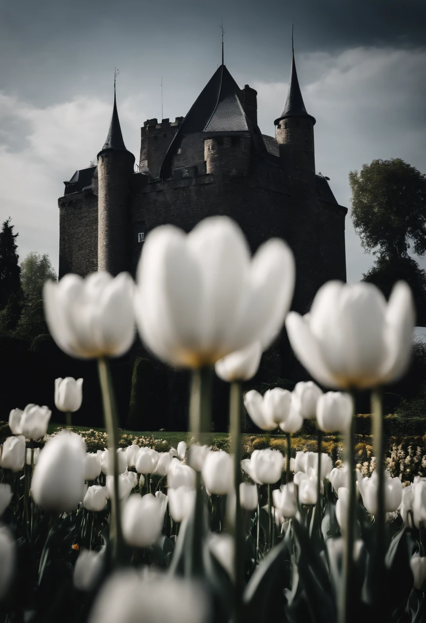 Black castle with a beautiful garden of white tulips
