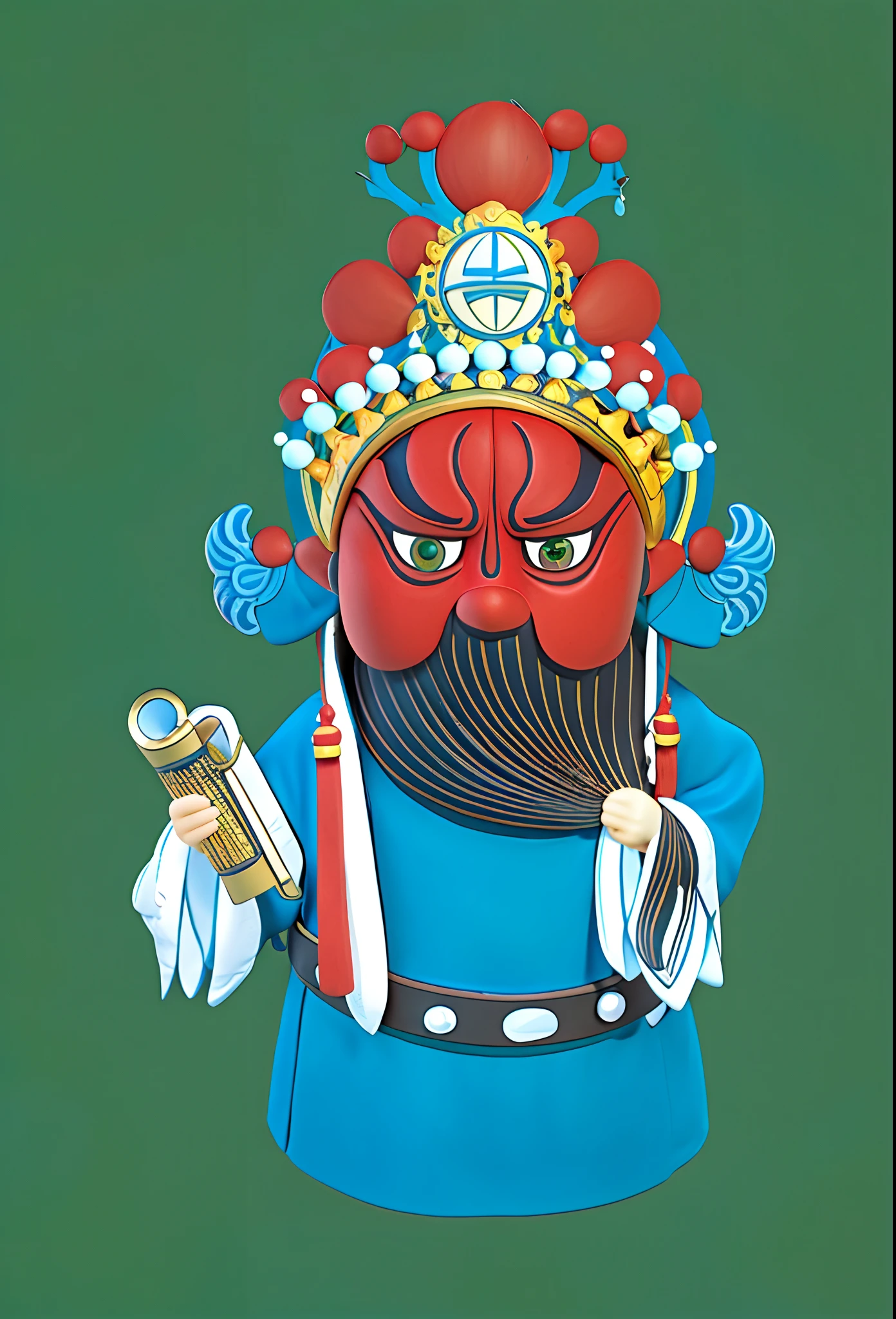 3Drenderingof,1boys,Red-faced,Opera masks,Long beard,Blue clothes,obi strip,nipple tassels,Wide sleeves,detail in face,Traditional Chinese art,Facial makeup,,bucket-hat,Holding a scroll in his hand,simple backgound,Green background,tiara crown,looking at viewert,with brown eye,full-body portraits,5 Unreal Engine Tips,A detailed,4K,illustratio,