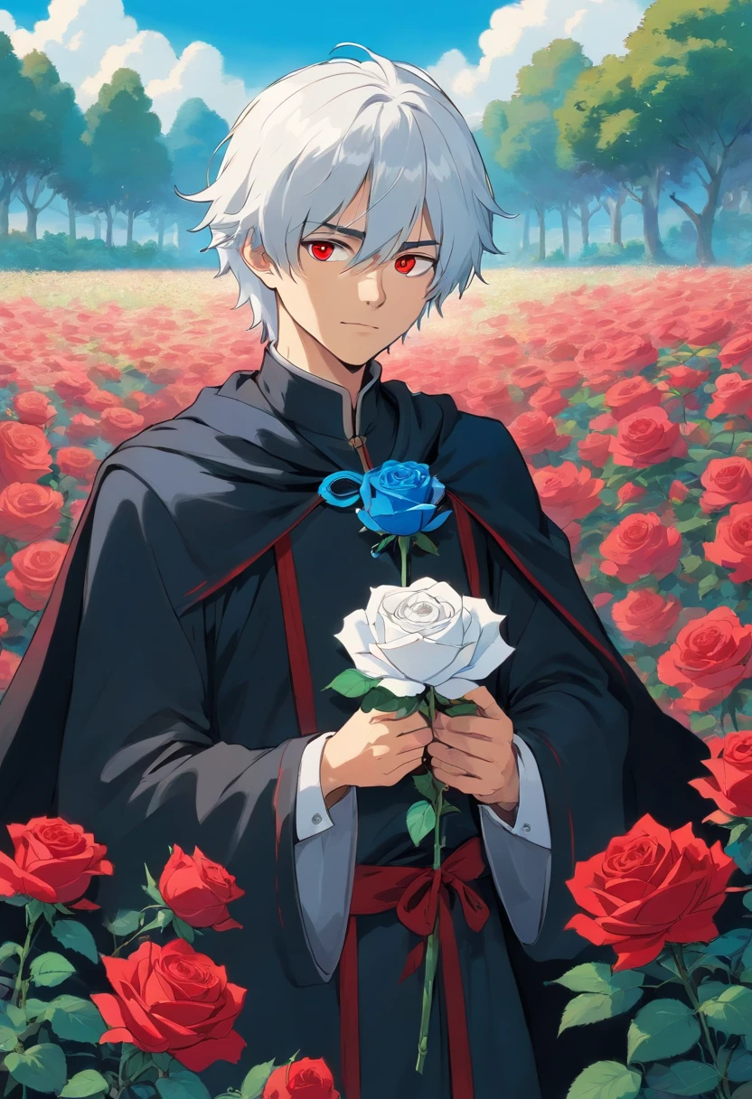 A young man with white hair and red eyes in a black outfit with a white cape with blue details holding a blue rose in his hand in a field of red roses