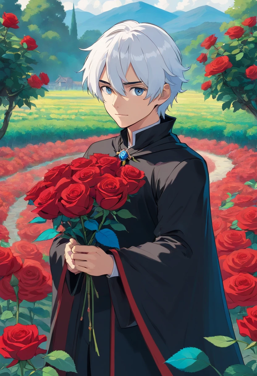 A young man with white hair and red eyes in a black outfit with a white cape with blue details holding a blue rose in his hand in a field of red roses