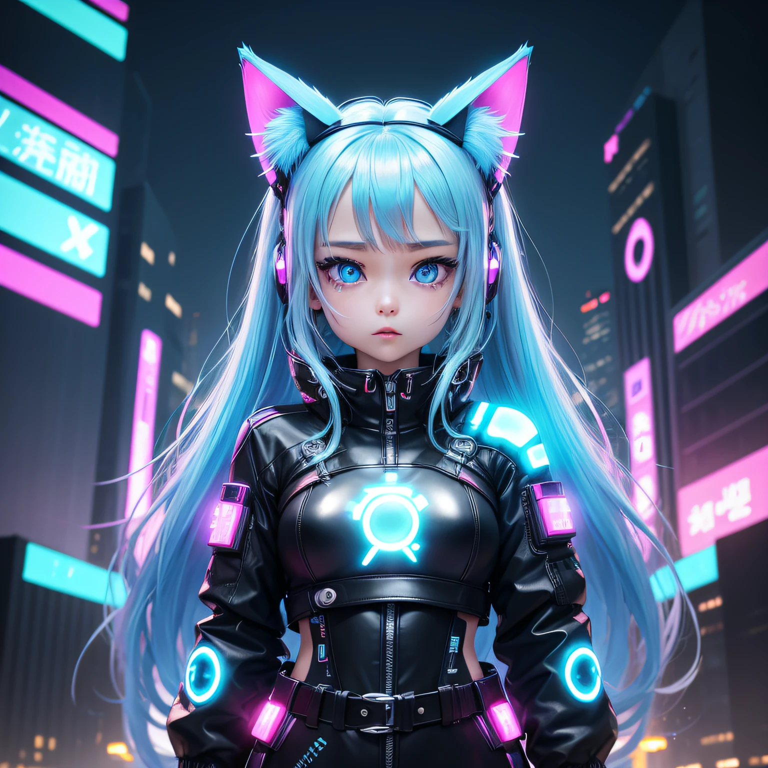 Futuristic cat-eared girl character、Draw Aimira。She has neon blue eyes.、Wearing cyberpunk-inspired accessories。Clothing is made of hologram material、It is designed in the image of IT technology.。The expression is curious、Please express a cheerful and energetic appearance。The backdrop is the futuristic city of neon Tokyo、Keep futuristic buildings and digital elements visible。