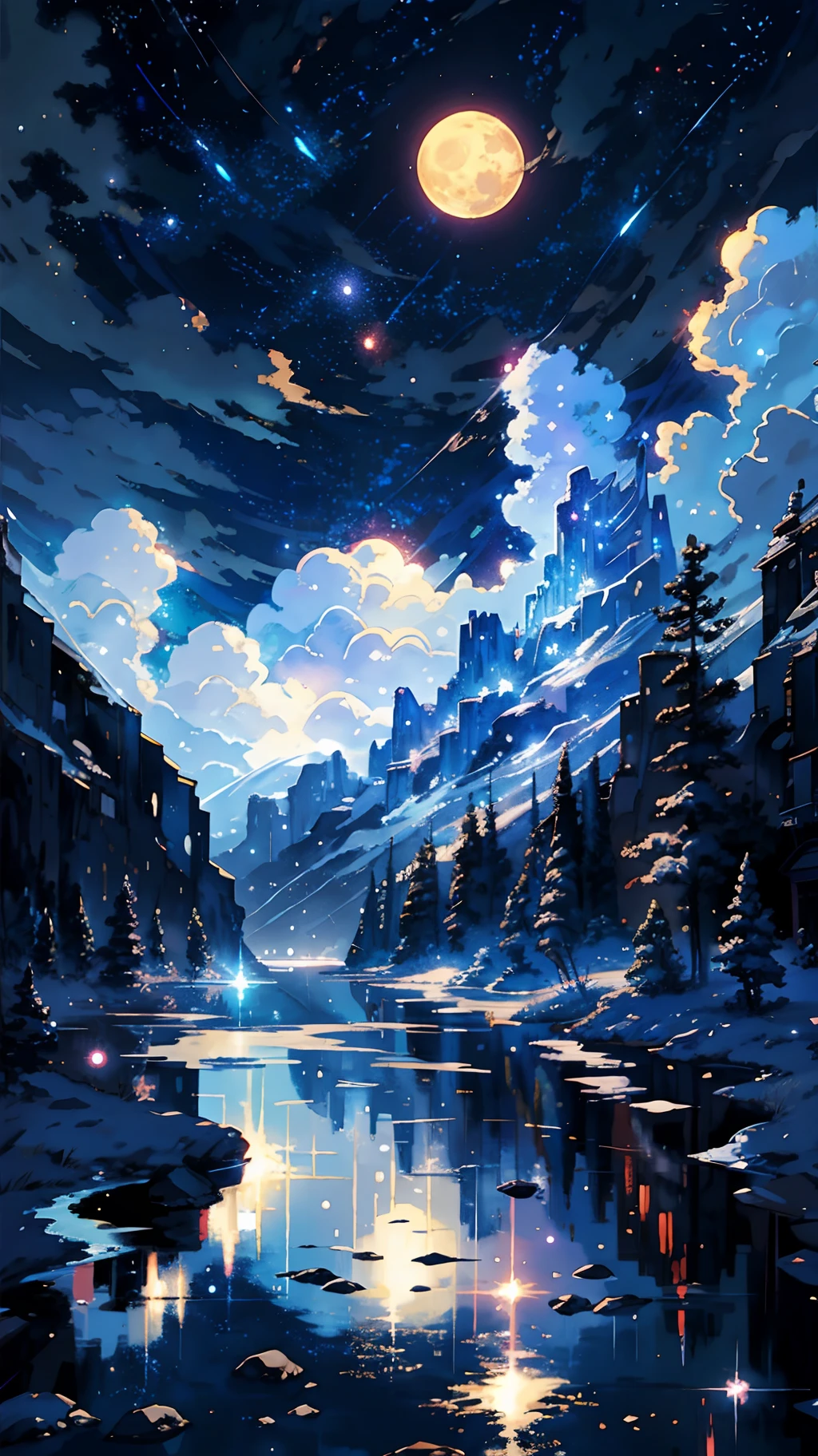 A painting of the river and the stars and the moon in the sky, with bright colors, by Makoto Shinkai. Concept art inspired by Tosa Mitsuoki, pixiv contest winner, best quality, fantasy art, beautiful anime scenes, golden moon. A bright moon, starry sky environment under the moonlight, dream painting, anime background art, fantasy landscape art, dreamy night, anime background, background artwork, dreamy art, atmospheric anime, starry sky, details enhanced.