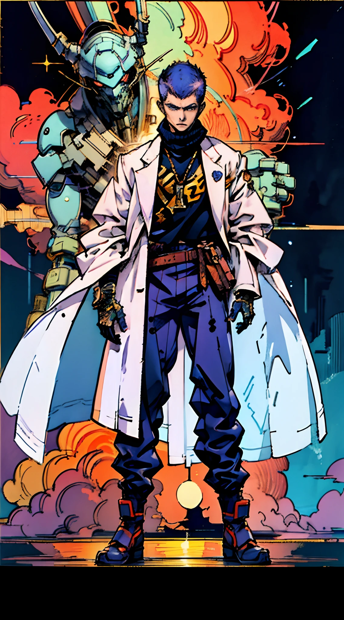 A man with a crew cut, a calm and rational expression, a wise gaze, wears a futuristic scientist's coat, primarily in shades of white, accented by touches of blue and purple, matching utility pants, standing in a mysterious laboratory of an ancient and advanced civilization, with a high-tech incubation tank emitting a faint glow in the background, this character embodies a finely crafted a futuristic sci-fi scientist in anime style, characterized by an exquisite and mature manga illustration art style, high definition, best quality, highres, ultra-detailed, ultra-fine painting, extremely delicate, professional, anatomically correct, symmetrical face, extremely detailed eyes and face, high quality eyes, creativity, RAW photo, UHD, 8k, Natural light, cinematic lighting, masterpiece:1.5