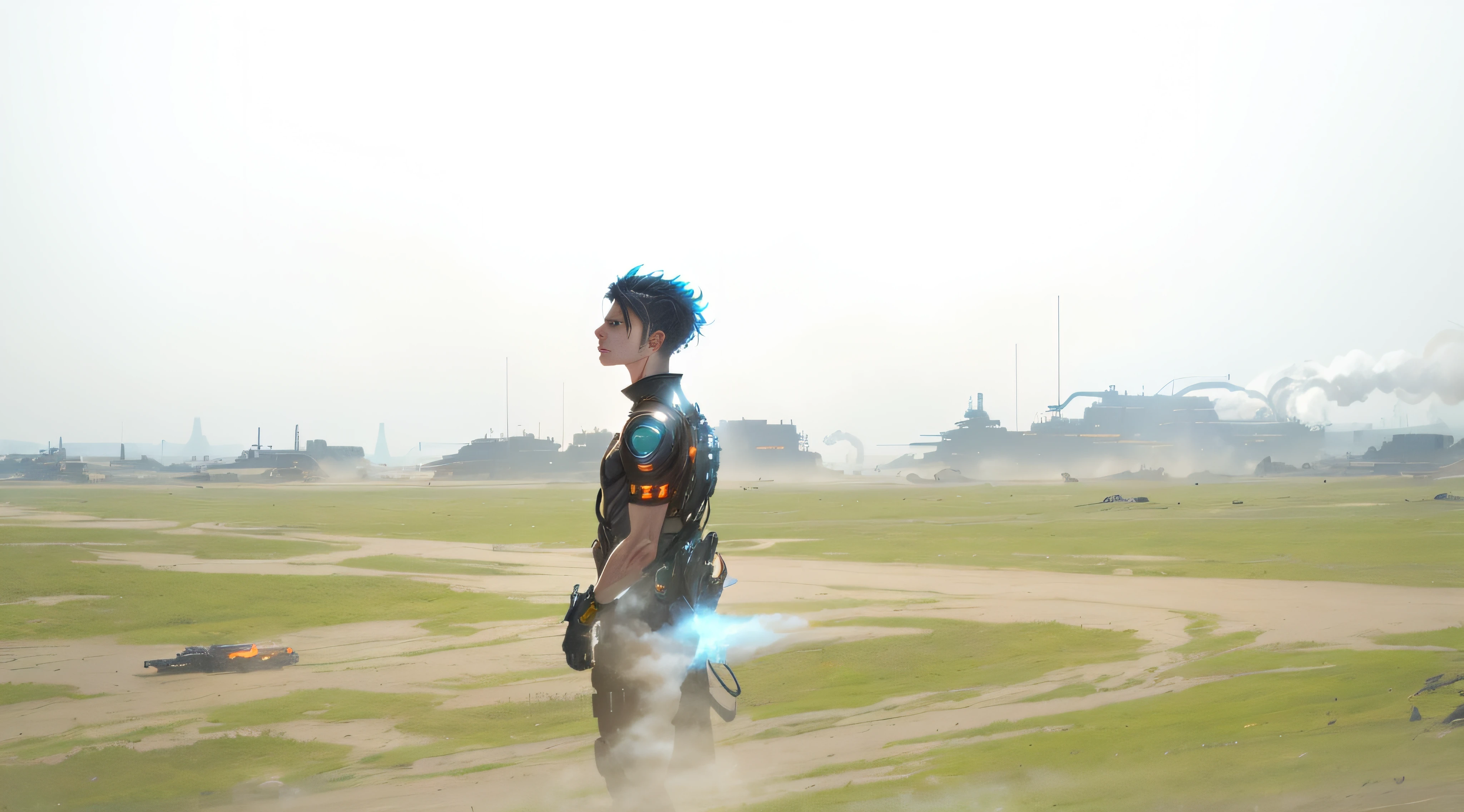 cypunk, futuristic, mechanic, dystopia, trending on artstaion, by greg rutkowski, 8k, boy, glowing eyes, smoke and fire, glowing power aura, dynamic view