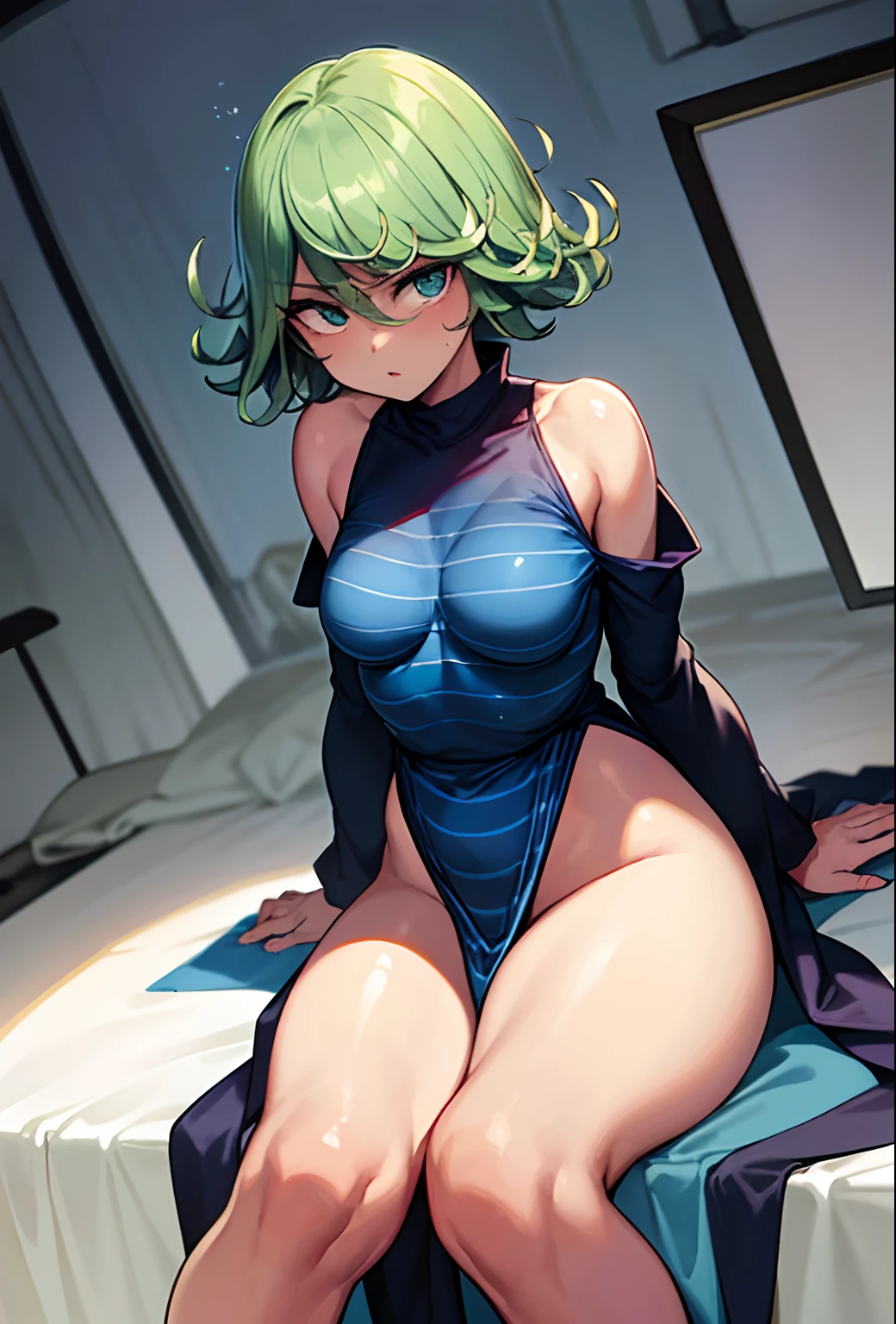 (beste-Qualit, 8K, 12), 1 girl, tatsumaki, Short Hair Hair, green hair, little chest, the perfect body, ultra detail face, detailed lips, Slender Eyes, gown, stands, enticing, Excited, convex areolas, steam, From Bottom, (small boobs), ((masturbating)), ((thick thighs)), spreading legs, ((((light blue striped underware))))