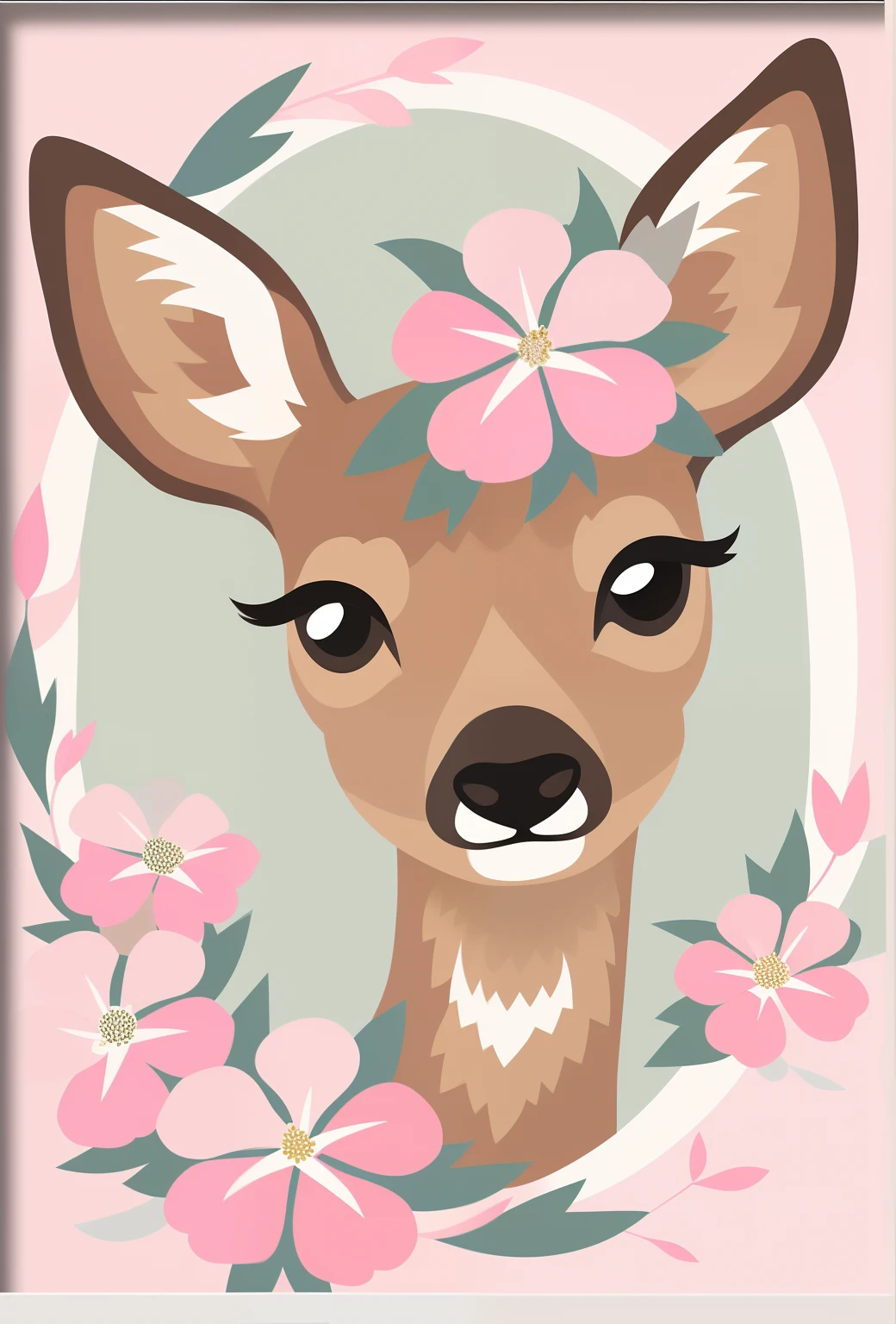 Close-up of a deer，There are roses on the hair, deer portrait, anthropomorphic female deer, anthropomorphic deer female, anthropomorphic deer, animal drawing, an anthropomorphic deer, Watery doe eyes, animal portrait, Inherit the rose on the cheek of the person, rosycheeks, antlers on her head, deer ear, deers，It is surrounded by a variety of flowers