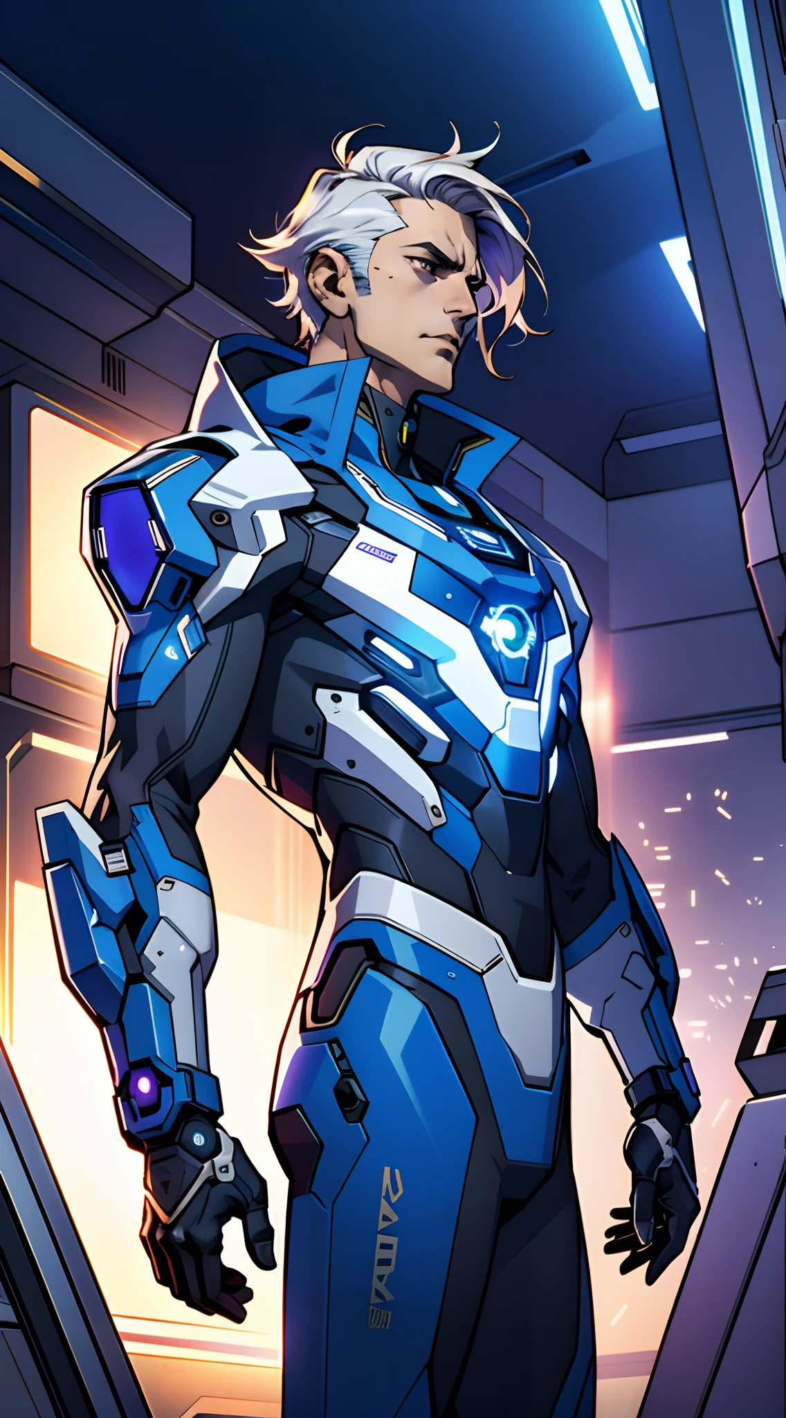 A man with a crew cut, a calm and rational expression, a wise gaze, wears a futuristic scientist's coat, primarily in shades of white, accented by touches of blue and purple, matching utility pants, standing in a mysterious laboratory of an ancient and advanced civilization, with a high-tech incubation tank emitting a faint glow in the background, this character embodies a finely crafted a futuristic sci-fi scientist in anime style, characterized by an exquisite and mature manga illustration art style, high definition, best quality, highres, ultra-detailed, ultra-fine painting, extremely delicate, professional, anatomically correct, symmetrical face, extremely detailed eyes and face, high quality eyes, creativity, RAW photo, UHD, 8k, Natural light, cinematic lighting, masterpiece:1.5