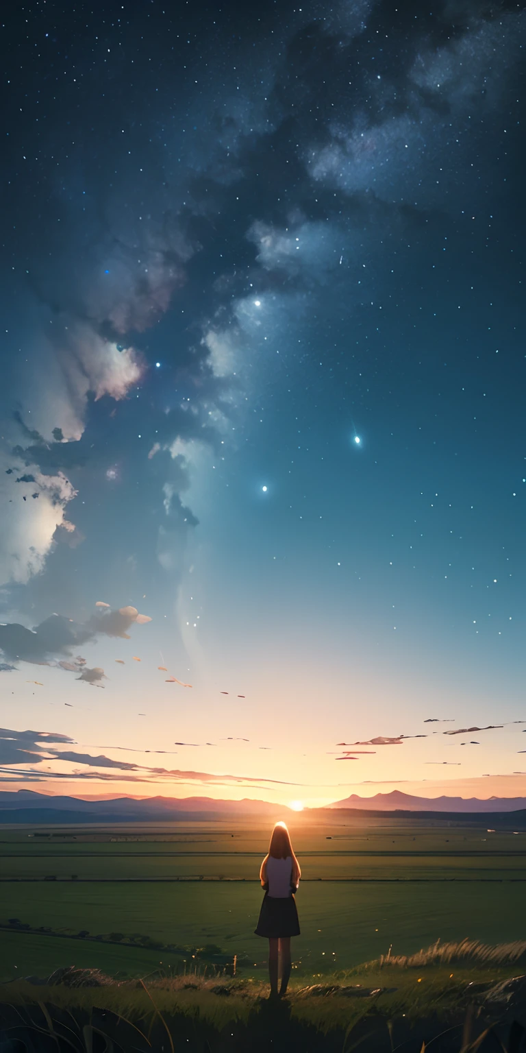Vast landscape photos、Girl standing on the prairie on the horizon and looking up at the sky、Large clouds、Night Milky Way