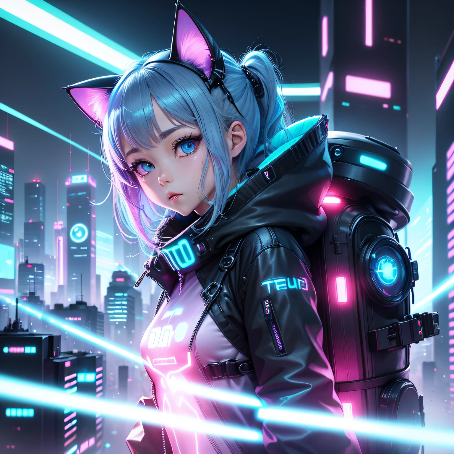 Futuristic cat-eared girl character、Draw Aimira。She has neon blue eyes.、Wearing cyberpunk-inspired accessories。Clothing is made of hologram material、It is designed in the image of IT technology.。The expression is curious、Please express a cheerful and energetic appearance。The backdrop is the futuristic city of neon Tokyo、Keep futuristic buildings and digital elements visible。