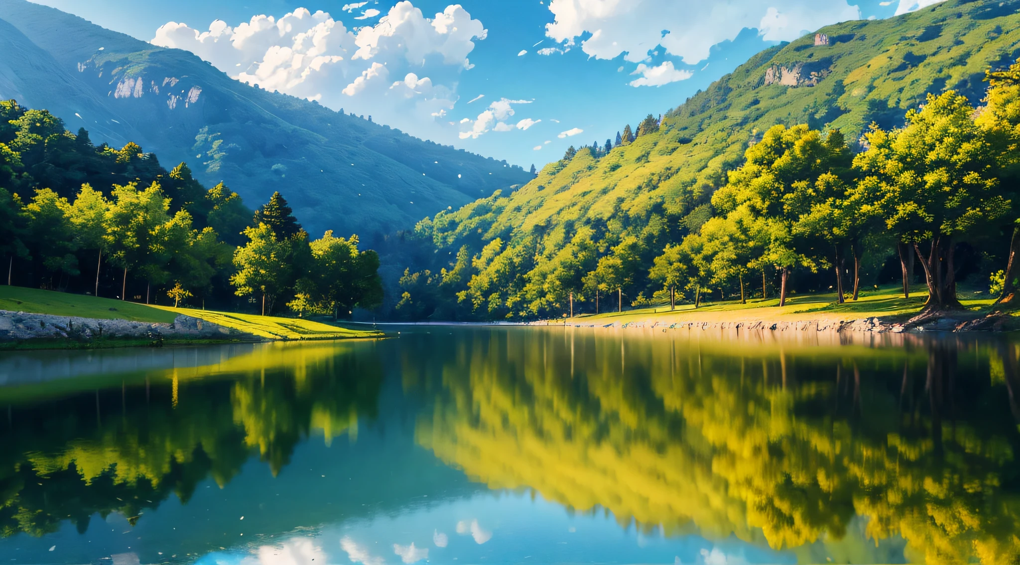 Um 2D detalhado, anime realista, art illustration, ULTRA-SHARP DETAILS, cores vibrantes do outono, um prado aberto com um pequeno lago com cisnes brancos nadando cercado por montanhas nevadas, water reflections, uma cabine de madeira para fumantes, claro dia ensolarado brilhante, ventoso, tree leaves in water, Leaves of trees flying --auto