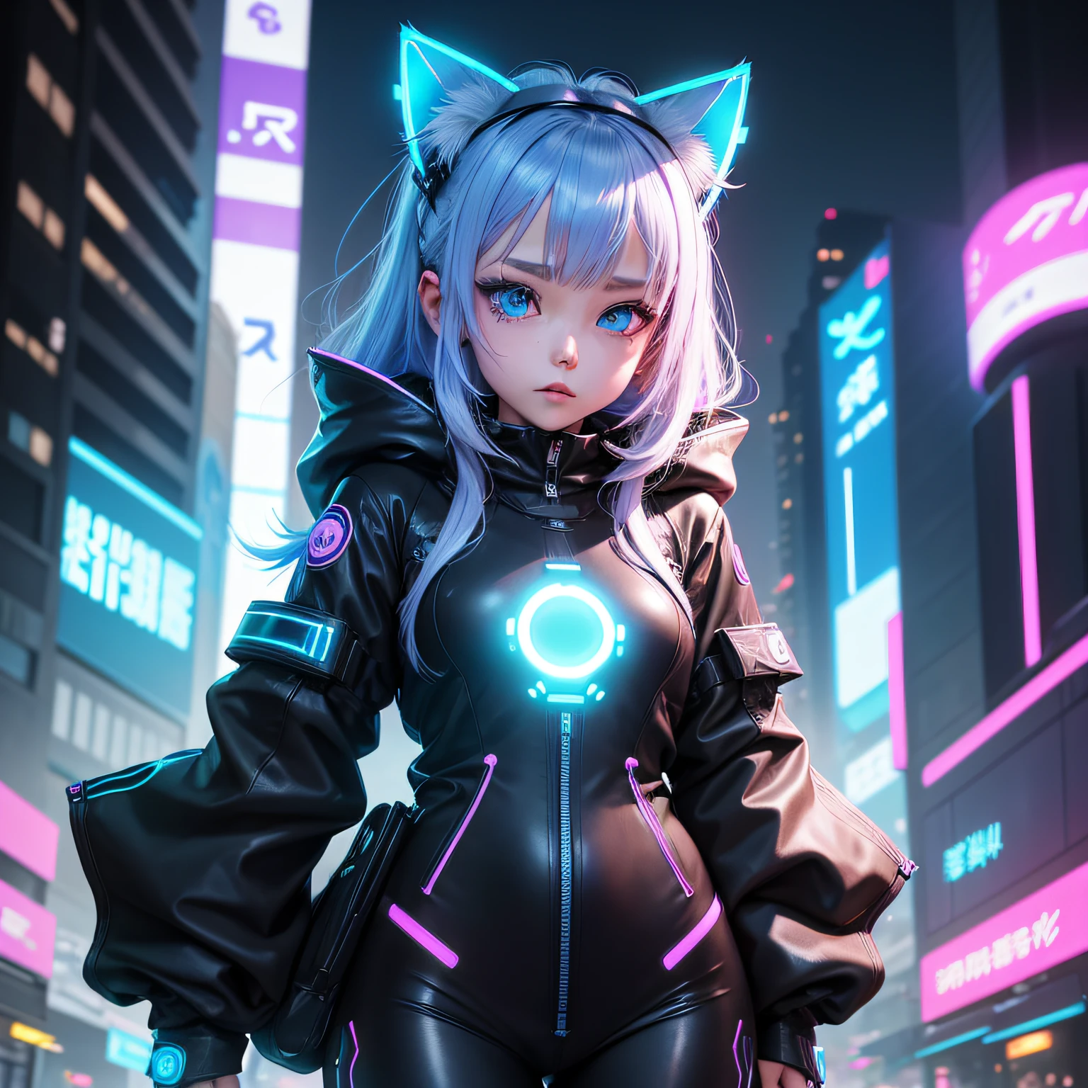 Futuristic cat-eared girl character、Draw Aimira。She has neon blue eyes.、Wearing cyberpunk-inspired accessories。Clothing is made of hologram material、It is designed in the image of IT technology.。The expression is curious、Please express a cheerful and energetic appearance。The backdrop is the futuristic city of neon Tokyo、Keep futuristic buildings and digital elements visible。