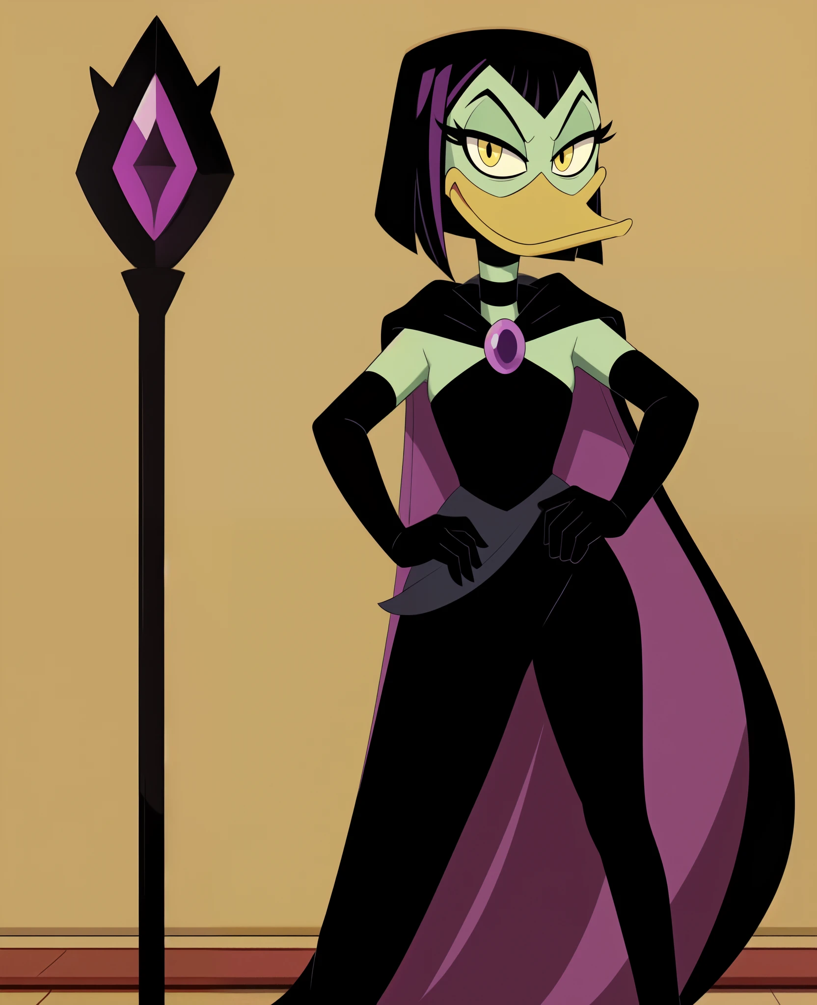 (ducktales:1.4) (by kyurisawa:1.2) (by chelodoy:1) (by ashraely:1) (anthro duck:1.2) solo, magica de spell, female, anthro, duck, beak, ducktales, black hair, elbow gloves, fingerless gloves, cape, black dress, green skin, narrowed eyes, smile, standing, black mascara, choker, yellow eyes, full-length portrait:1.1